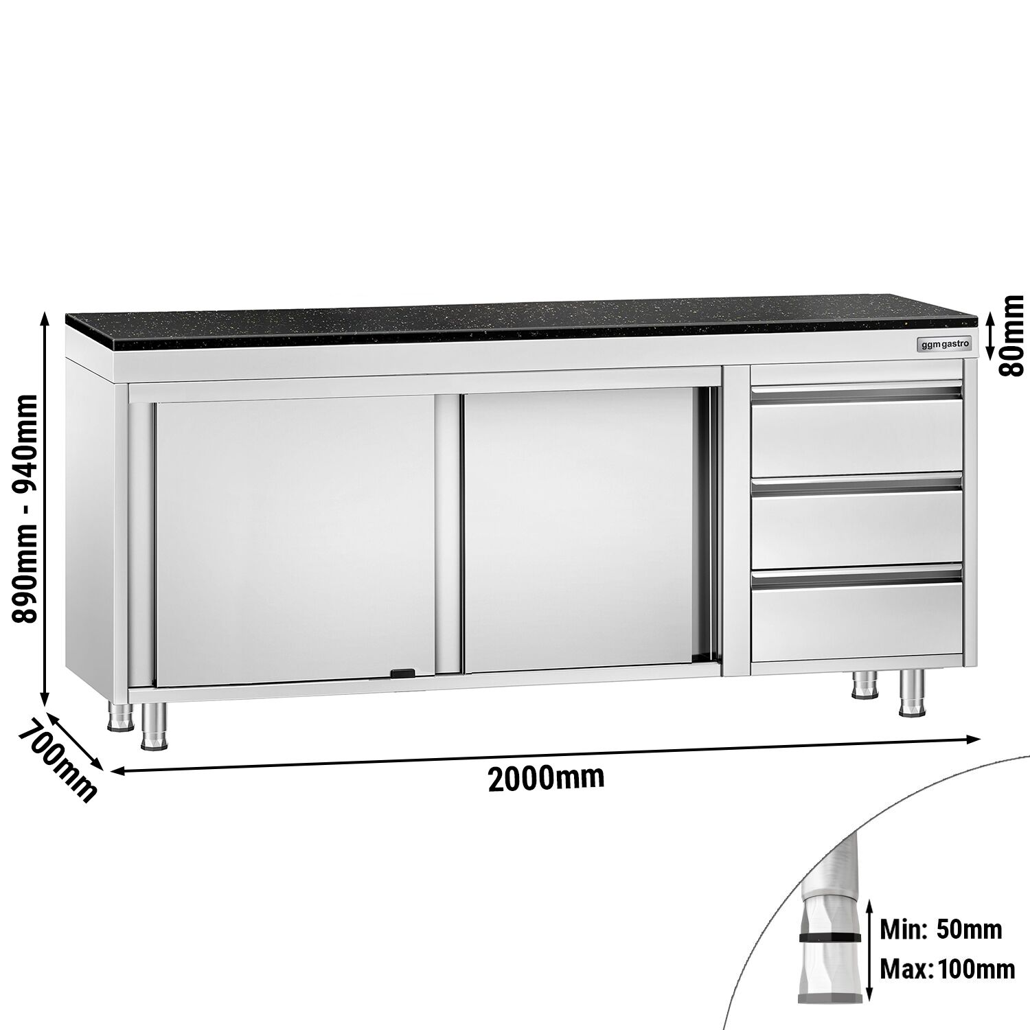 Edelstahl Arbeitsschrank PREMIUM - 2000x700mm - mit 3 Schubladen rechts - inkl. Granitarbeitsplatte