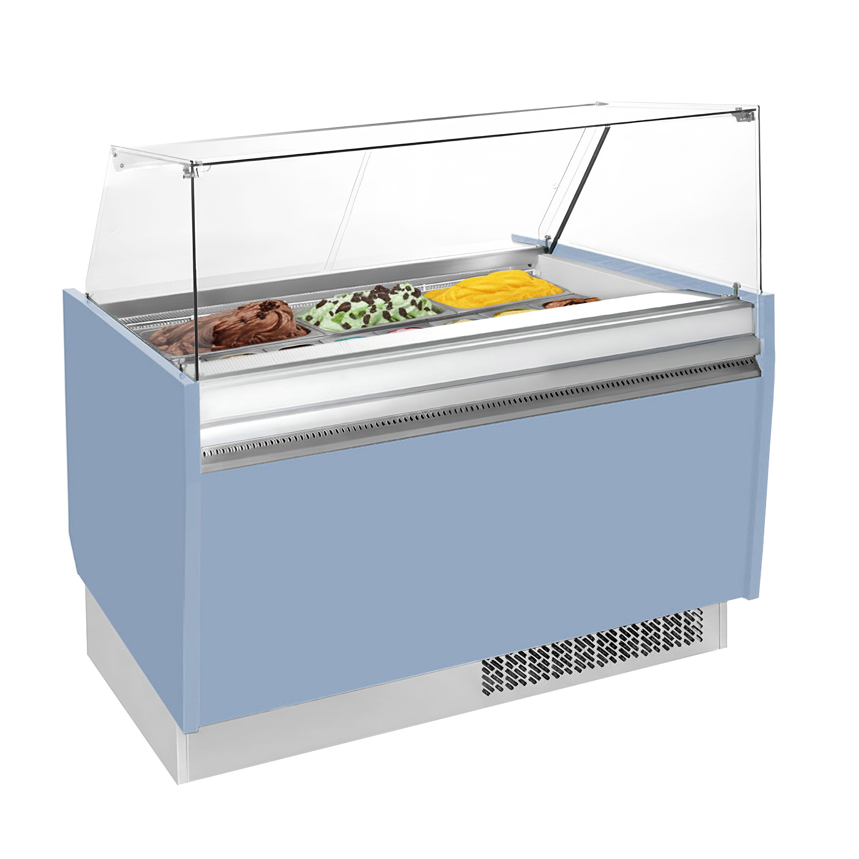 Vitrine à glace LIAM – 1310 mm – refroidissement statique – pour 10+10 bacs à glace de 5 litres – Bleu clair