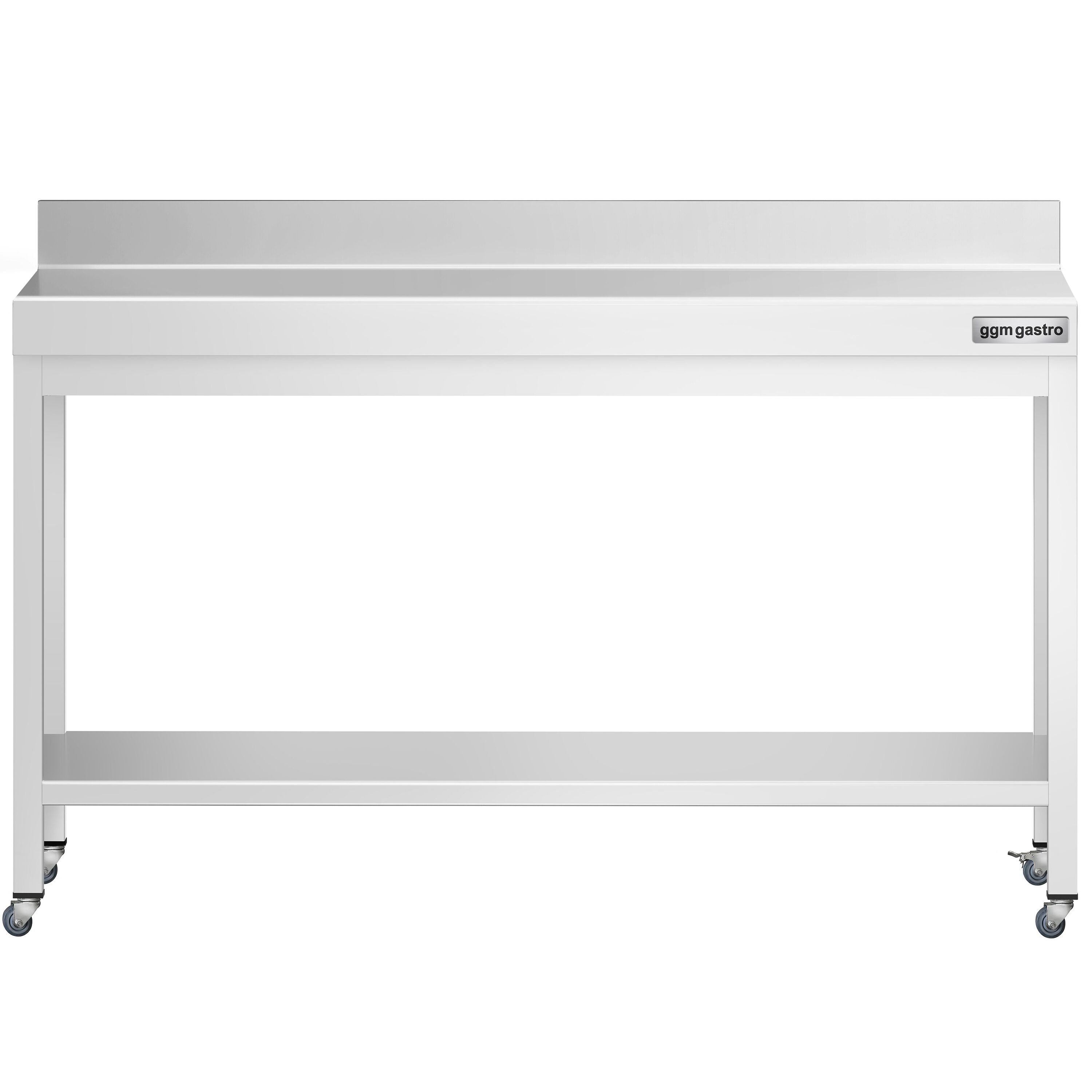 Table de travail en inox PREMIUM - 1600 x 600 mm - avec tablette inférieure, dosseret et roulettes