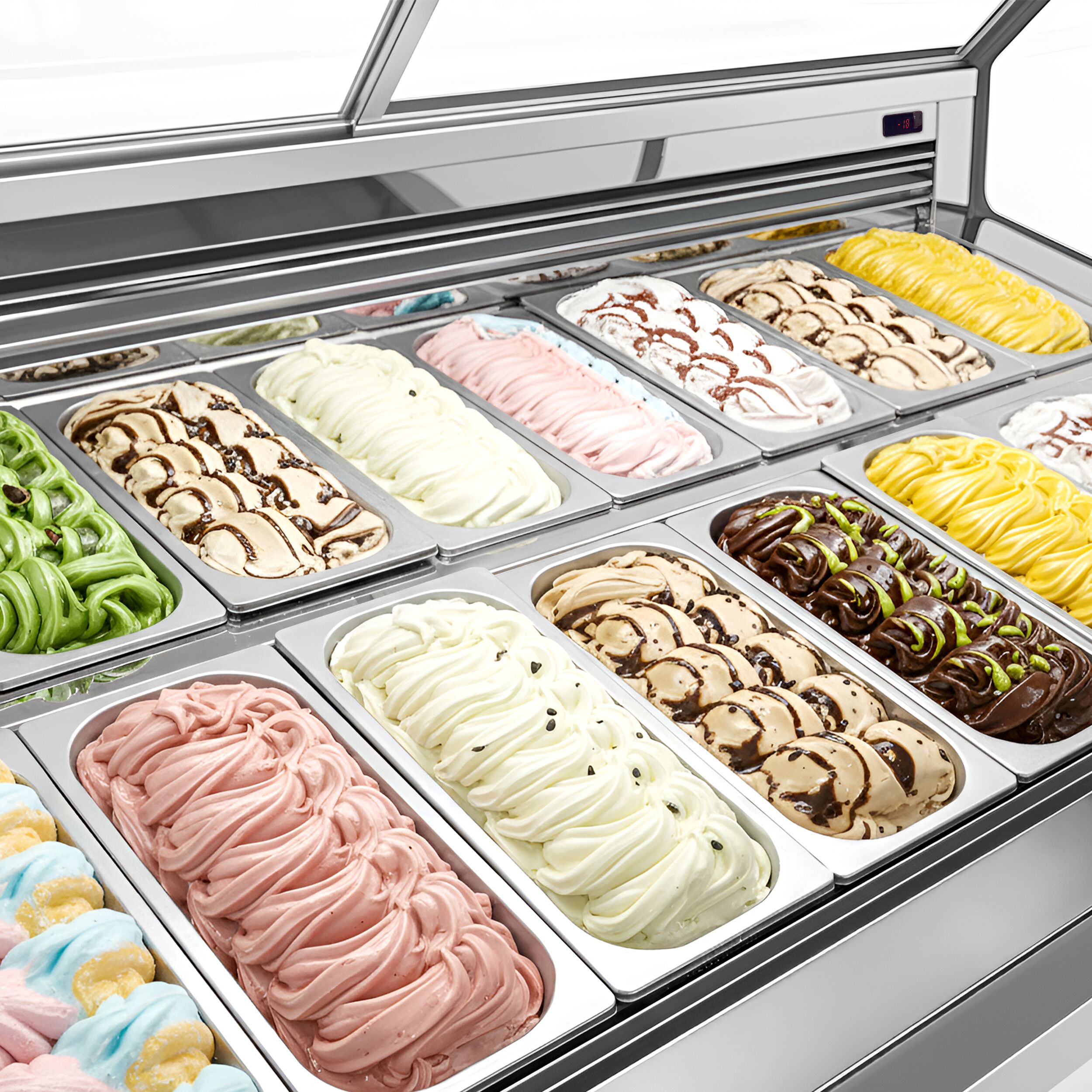 Vitrine à glace THEO – 1730 mm – refroidissement ventilé – pour 18 bacs à glace de 5 litres – Blanc