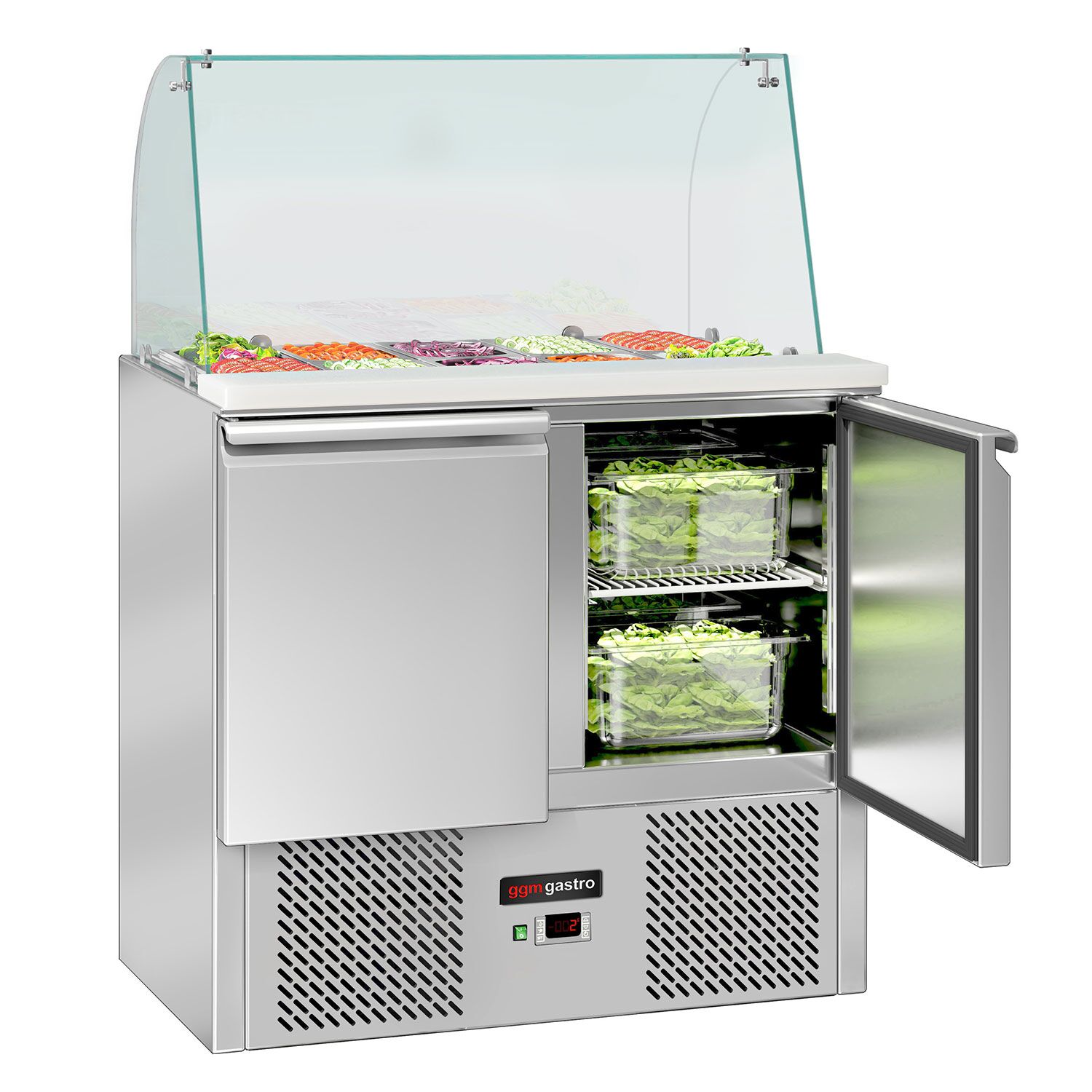 Saladette réfrigérée ECO - 900mm - 240L - 2 portes - avec vitrine de comptoir pour 2x GN 1/1 & 3x GN 1/6