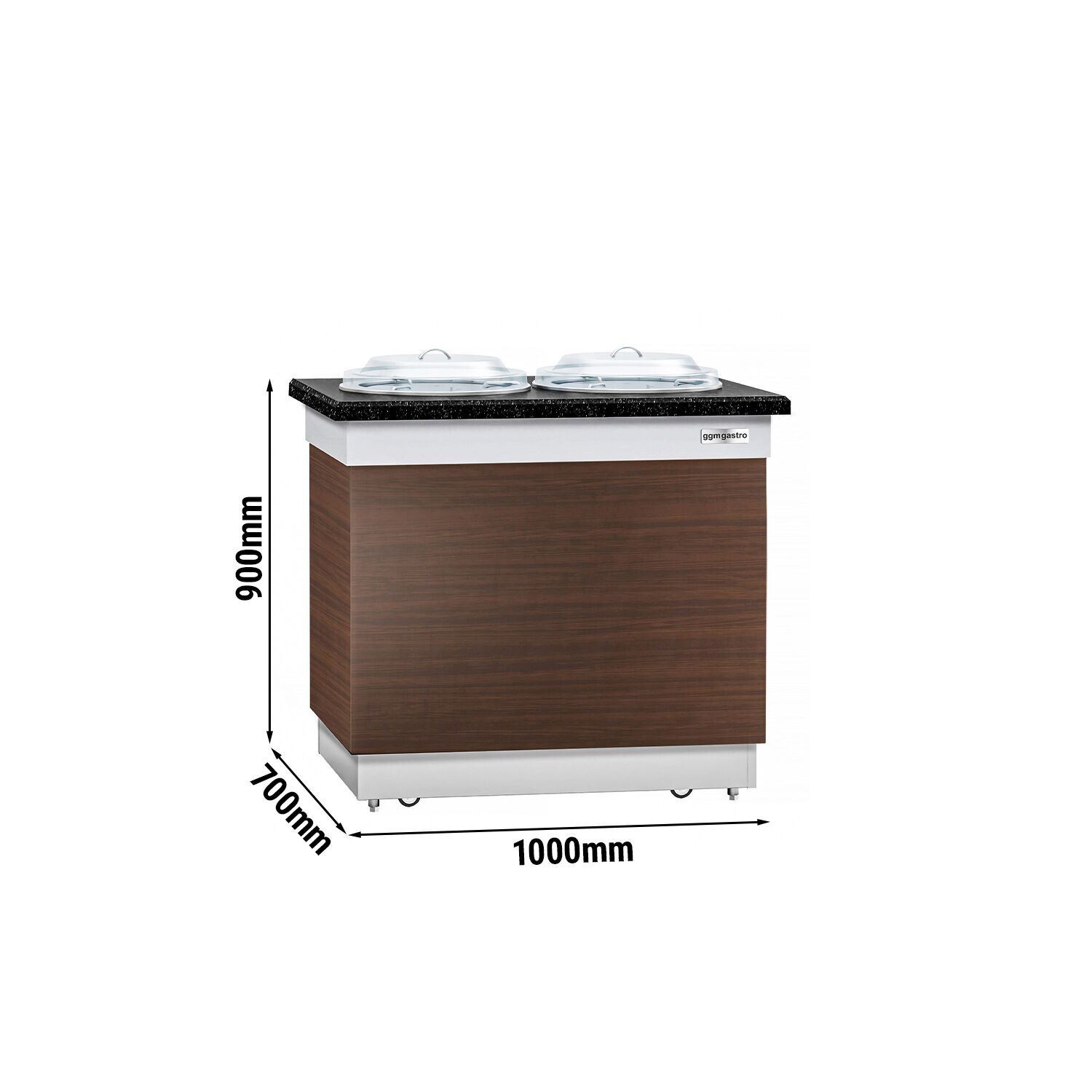 Distributeur d’Assiettes DUBLIN - Chauffé - 1 kW - 700 mm - avec Roulettes - 100 Assiettes - Plan de Travail en Granit Noir