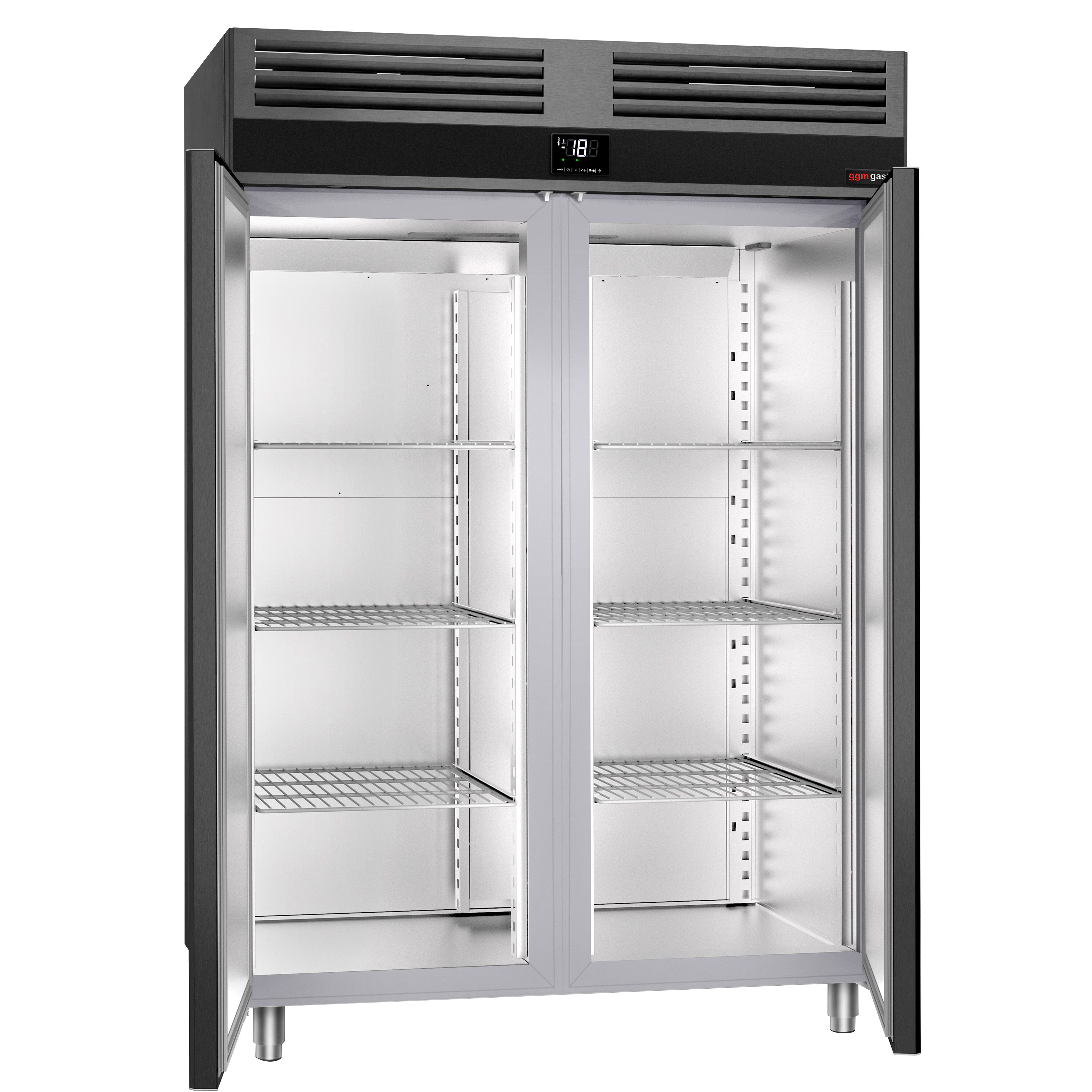Armoire réfrigérée négative en acier inoxydable AISI 430 PREMIUM - GN 2/1 - 1400 L - avec 2 portes vitrées & Glissières & 6 grilles - Anthracite