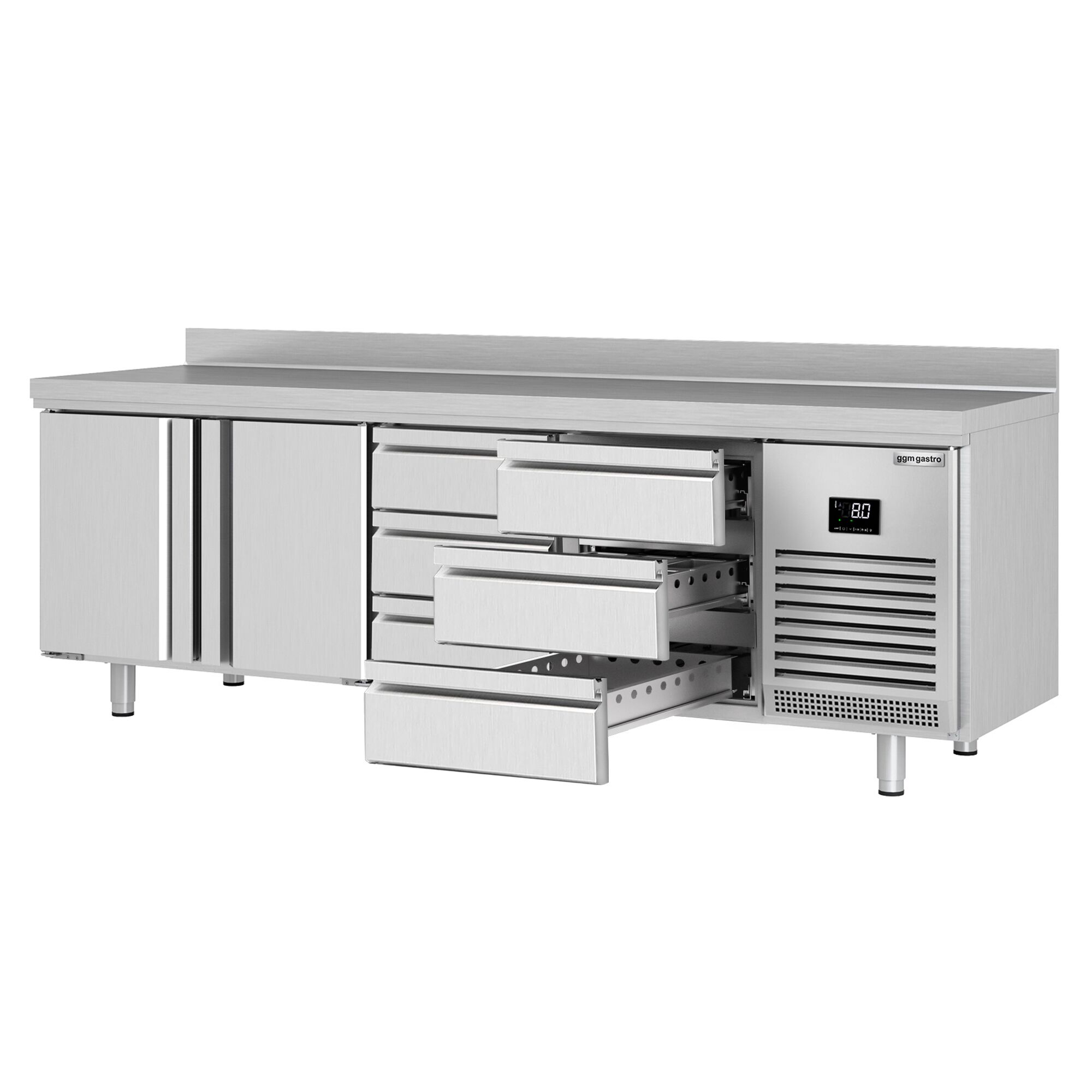Table réfrigérée Premium PLUS - 2452x700 mm - avec 2 portes - 6 tiroirs - avec dosseret