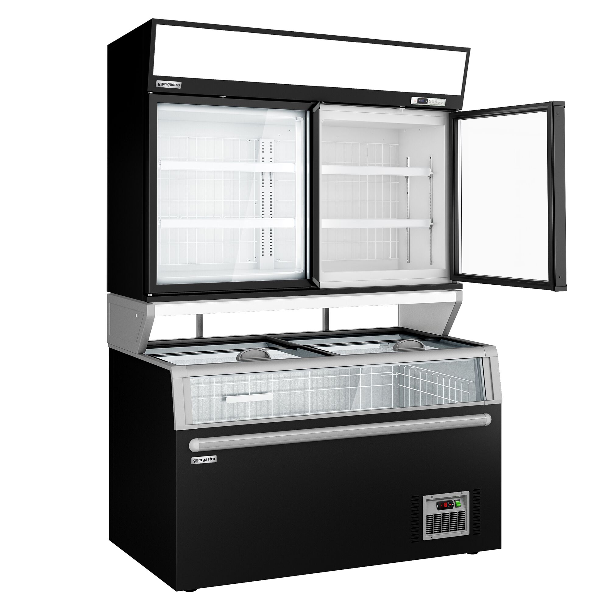 Vitrine murale de congélation pour supermarché - 2 portes - avec îlot de congélation inclus - Noir