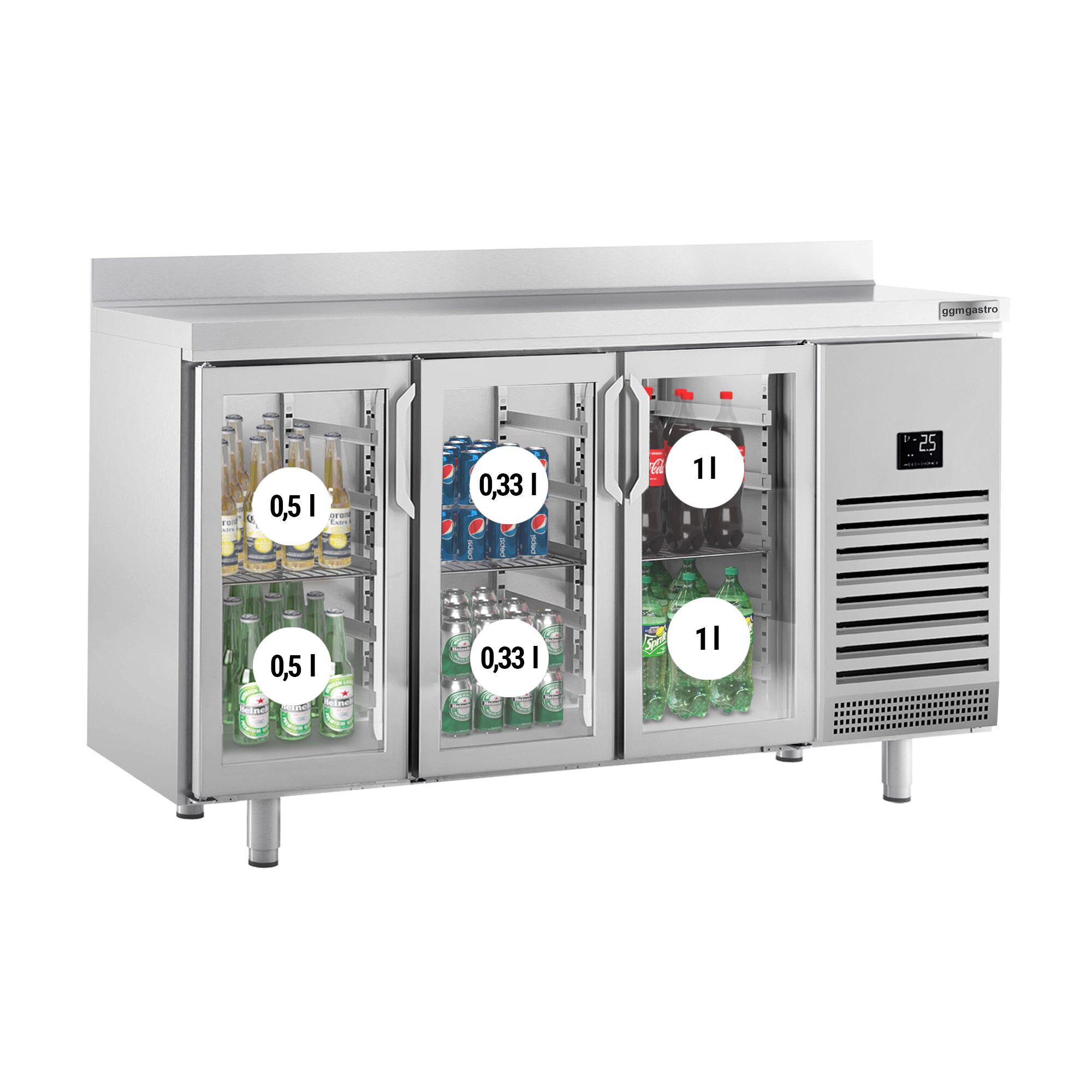 Commercial Back Bar Bottle Cooler PREMIUM PLUS - 1960x700mm - 465L - with 3 Hinged Glass Doors, upstand & locks