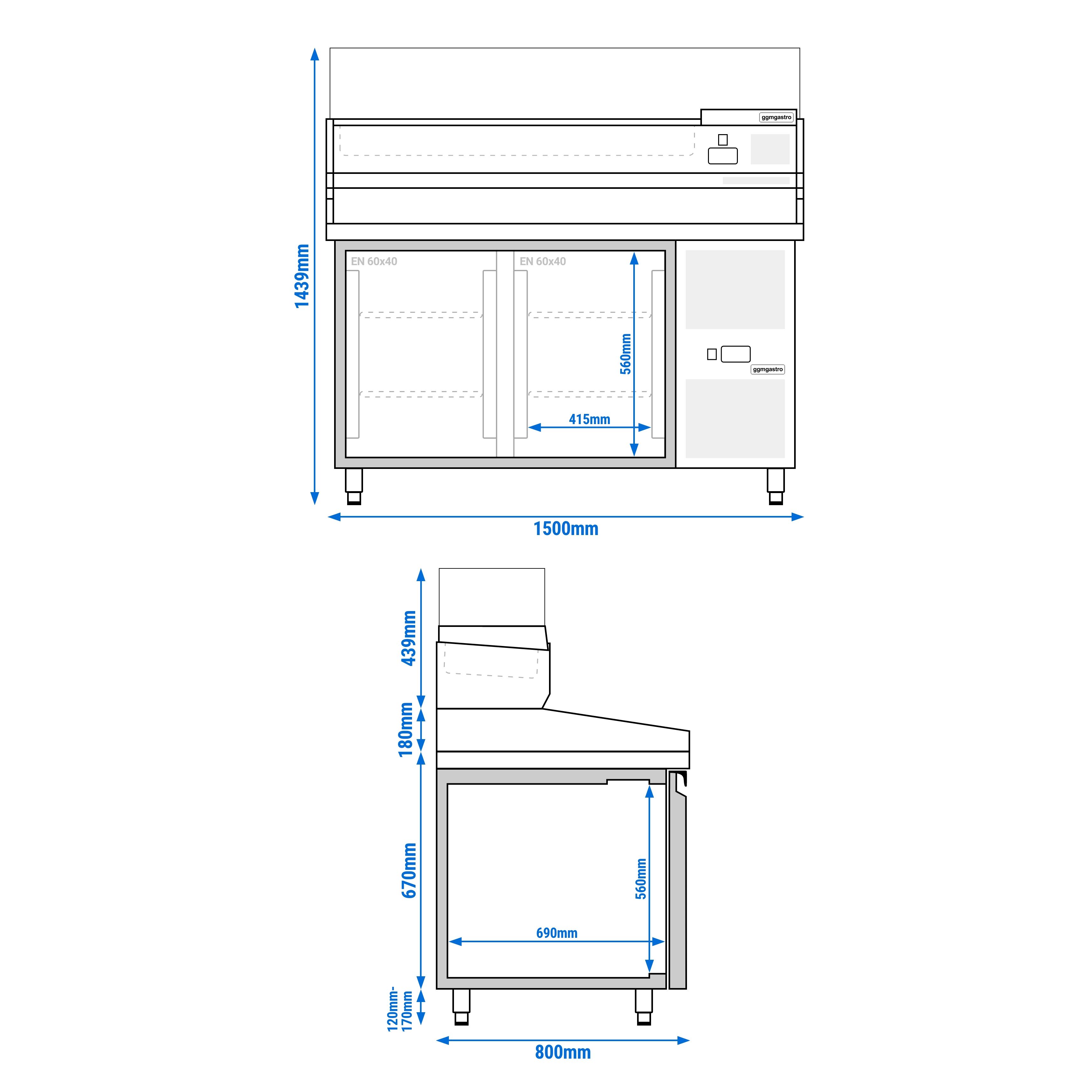Pizzakylbänk ECO - 1500x800 mm - granitskiva - med 2 dörrar - inkl. kylränna med glastopp - 6x GN 1/3