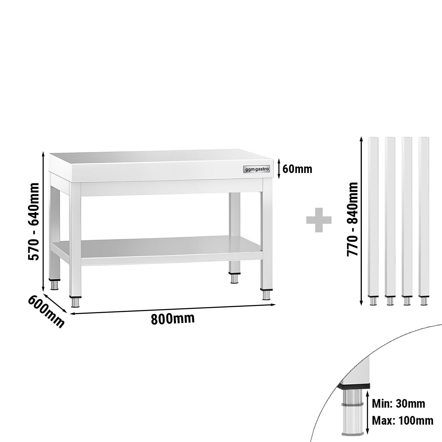 Table de travail en acier inoxydable PREMIUM - 800x600mm - avec étagère basse