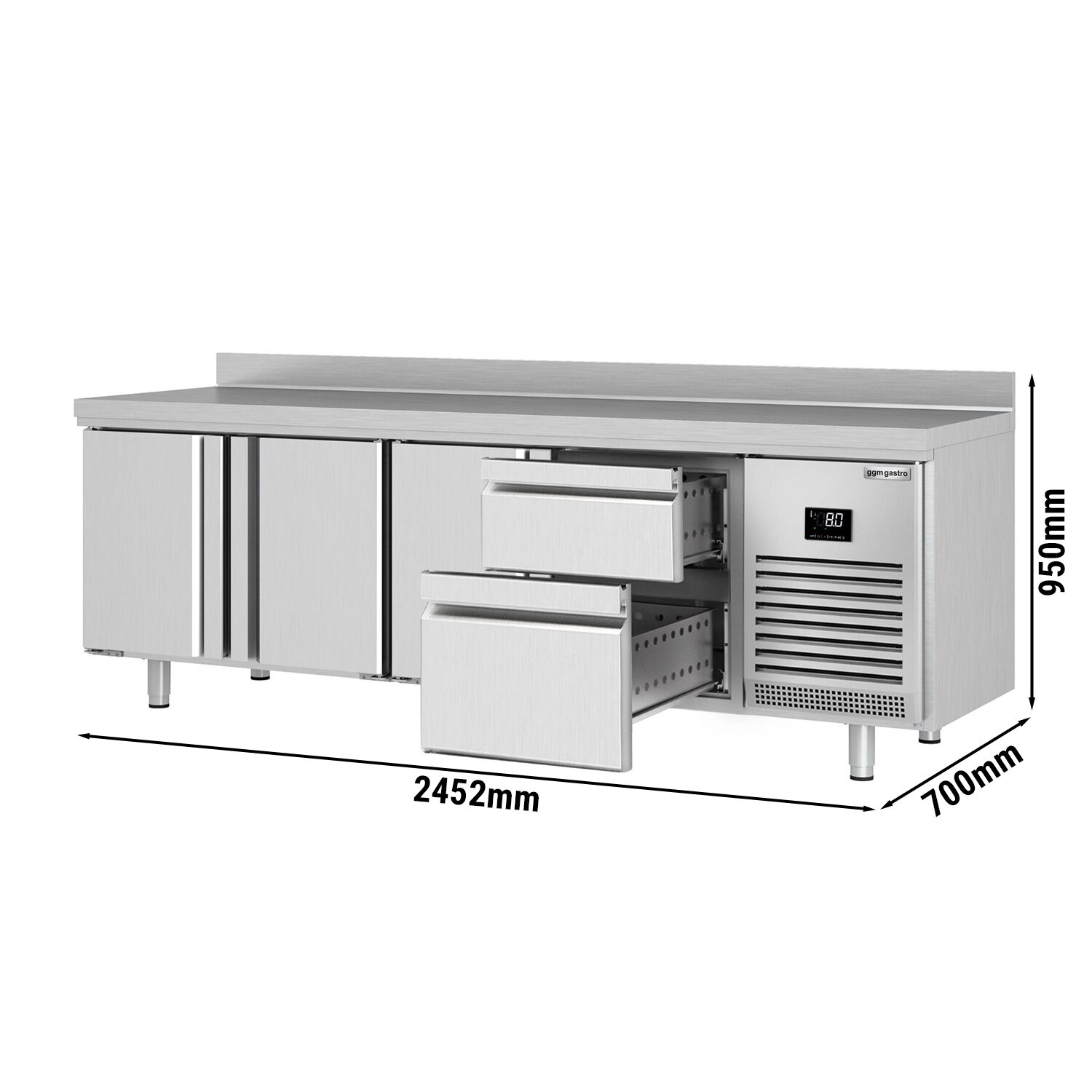 Table réfrigérée Premium PLUS - 2452x700 mm - avec 3 portes - 2 tiroirs - avec dosseret