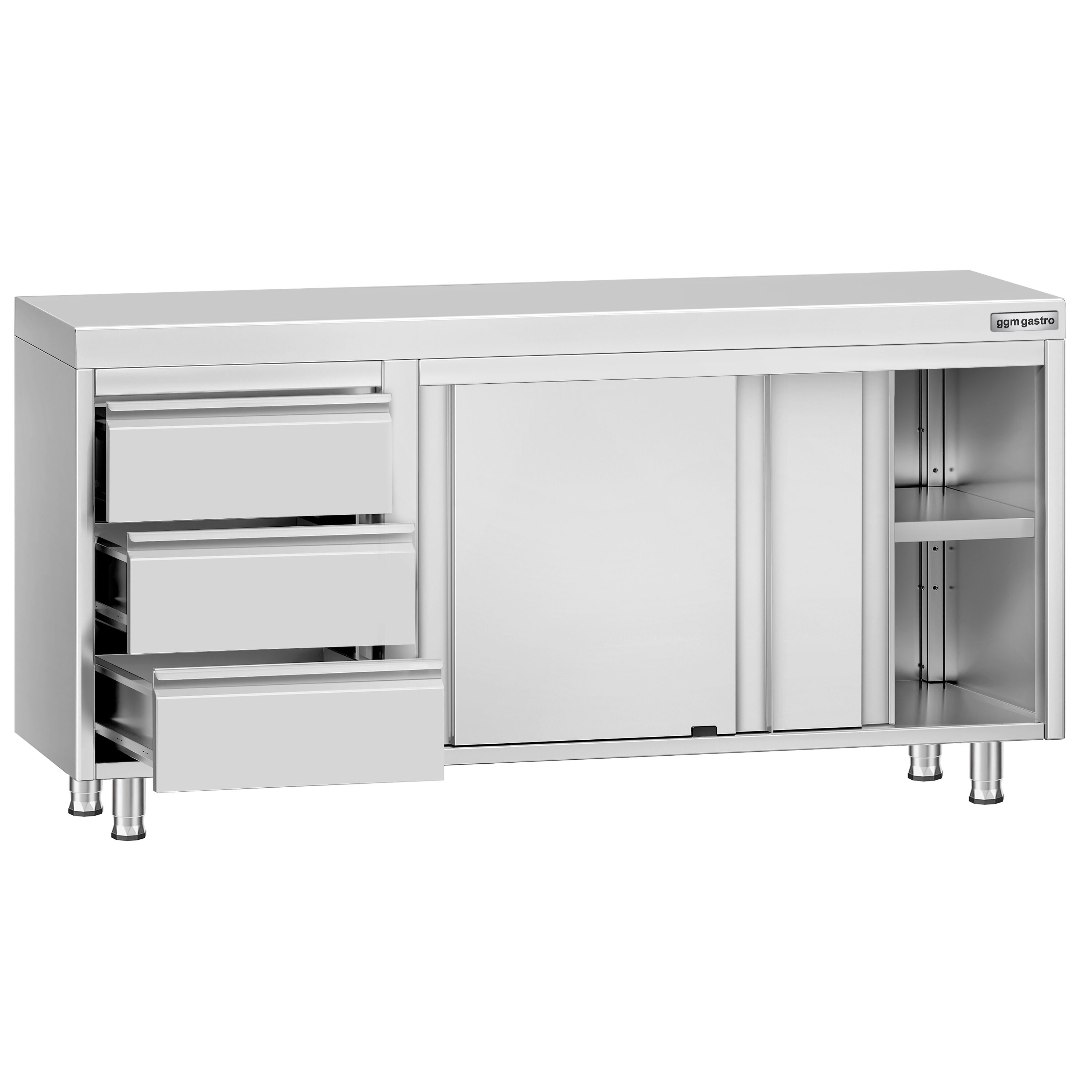 Table armoire en acier inoxydable ECO - 1600x600mm - avec 3 tiroirs à gauche et portes coulissantes et étagère basse