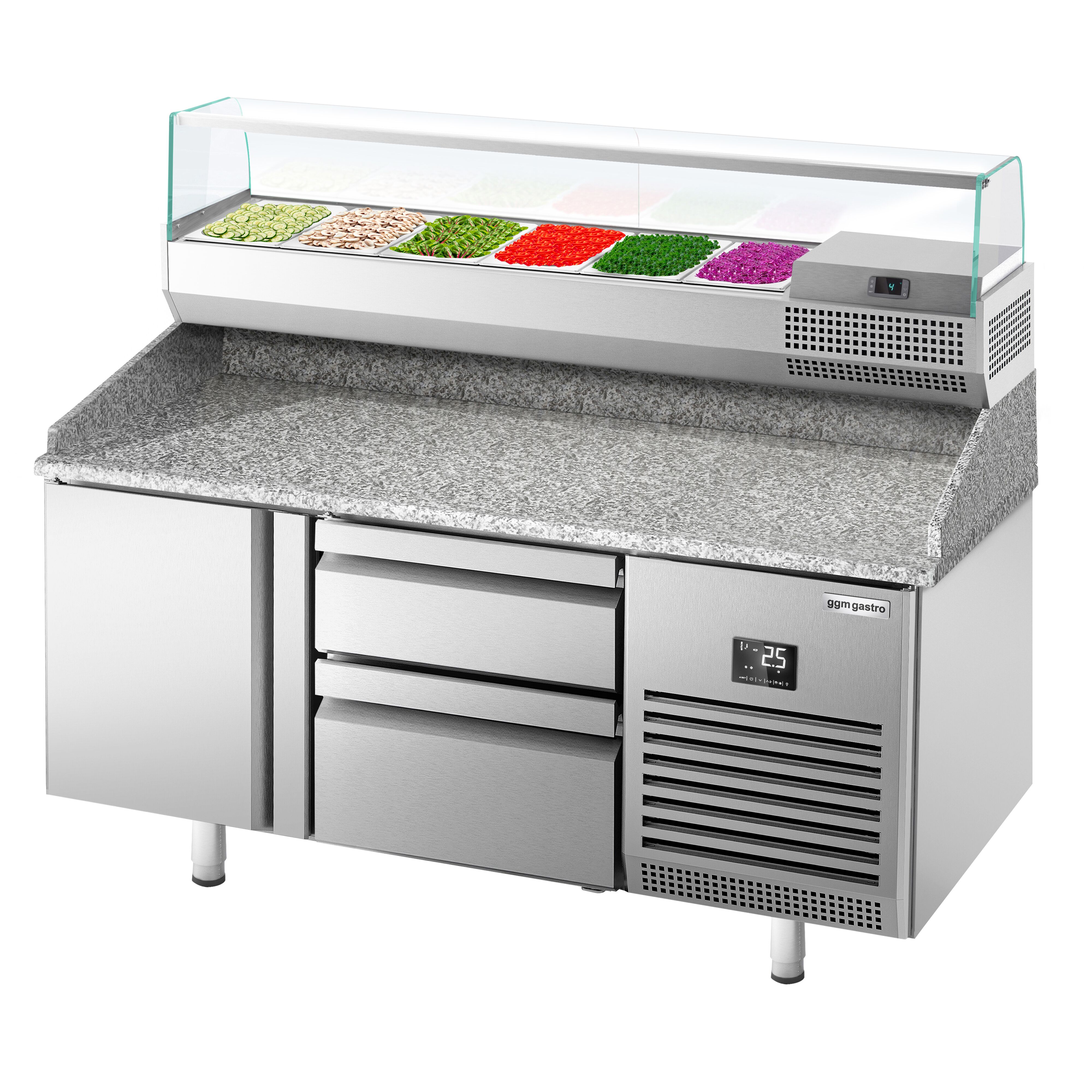 Table réfrigérée à pizza Premium PLUS - 1490x700 mm - avec 1 porte & 2 tiroirs - incl. vitrine réfrigérée - 6x GN 1/4