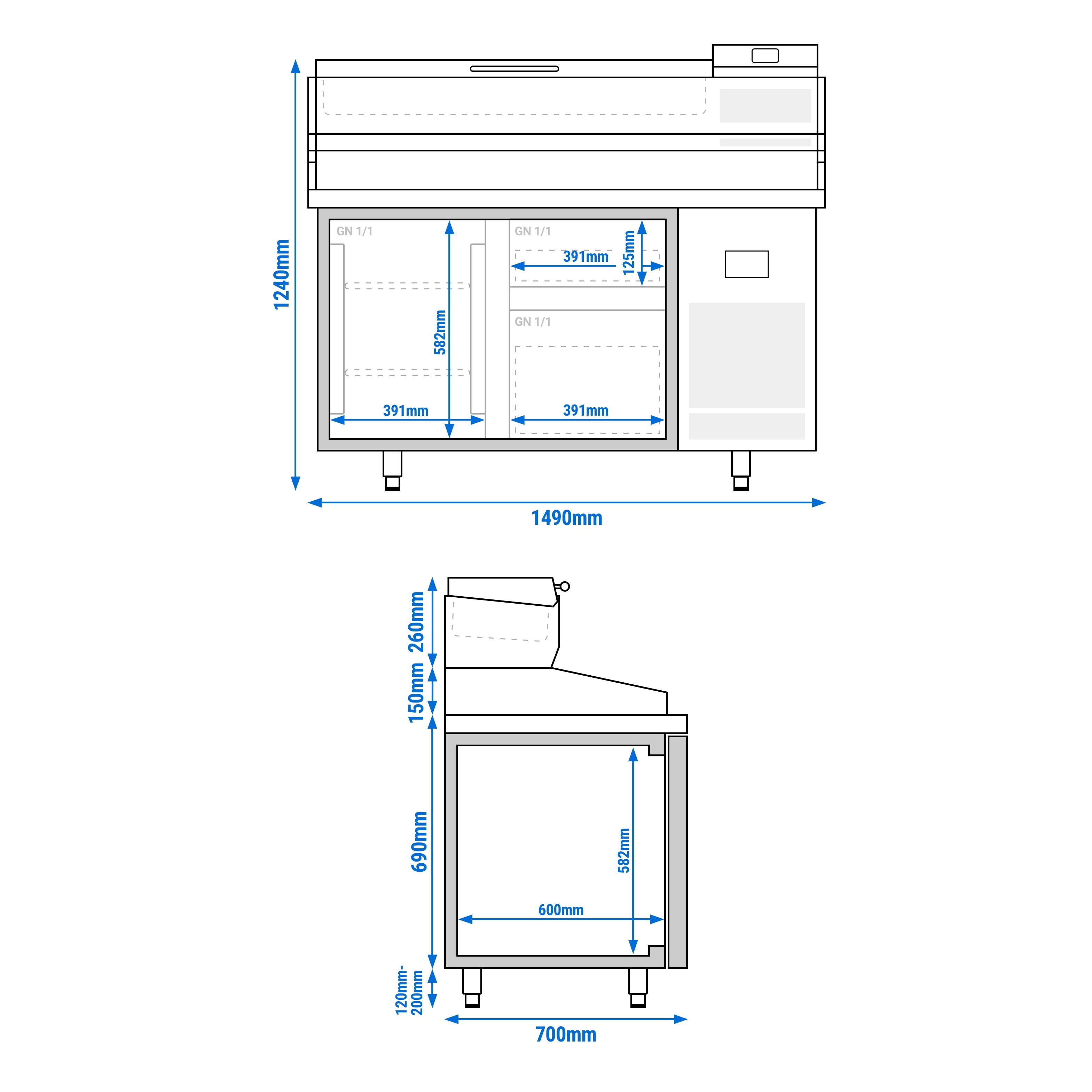 Table réfrigérée à pizza Premium PLUS - 1490x700 mm - avec 1 porte & 2 tiroirs - incl. vitrine réfrigérée - 6x GN 1/4