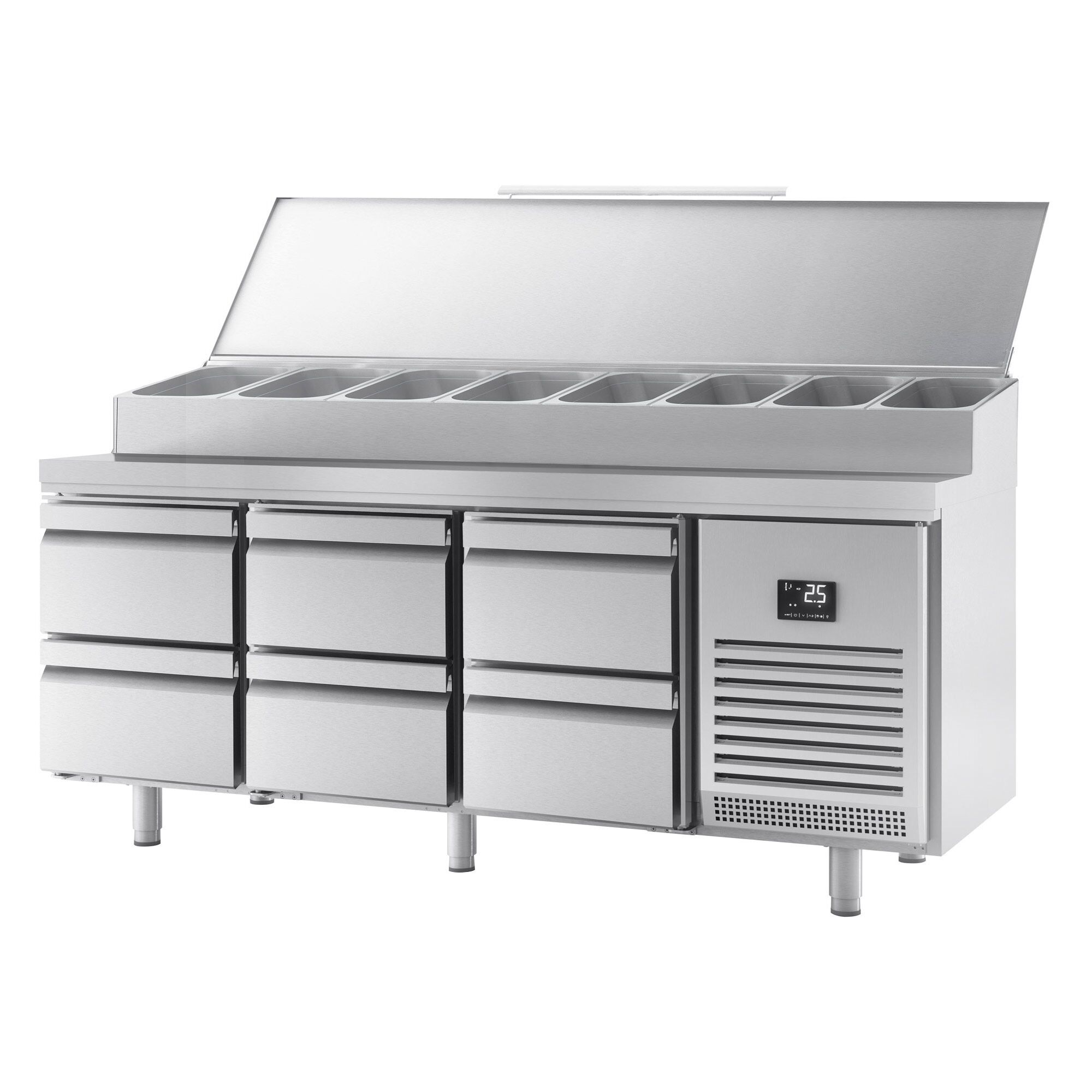 Table réfrigérée de préparation - 1960 x 700 mm - avec 6 tiroirs - avec superstructure en inox 1 x GN 1/2 et 9 x GN 1/3