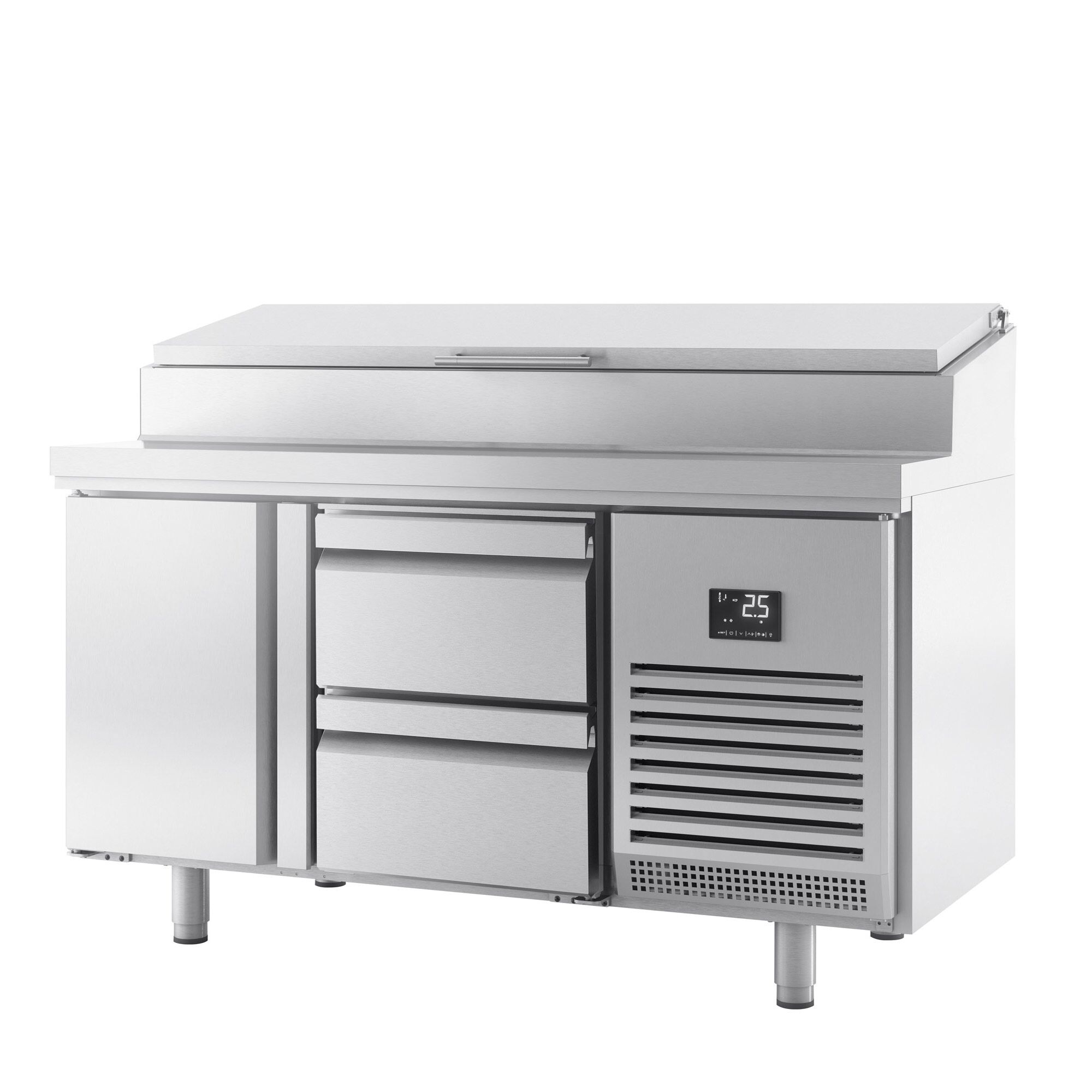 Table réfrigérée de préparation - 1468 x 700 mm - avec 1 porte et 2 tiroirs - avec superstructure en inox 1 x GN 1/2 et 6 x GN 1/3