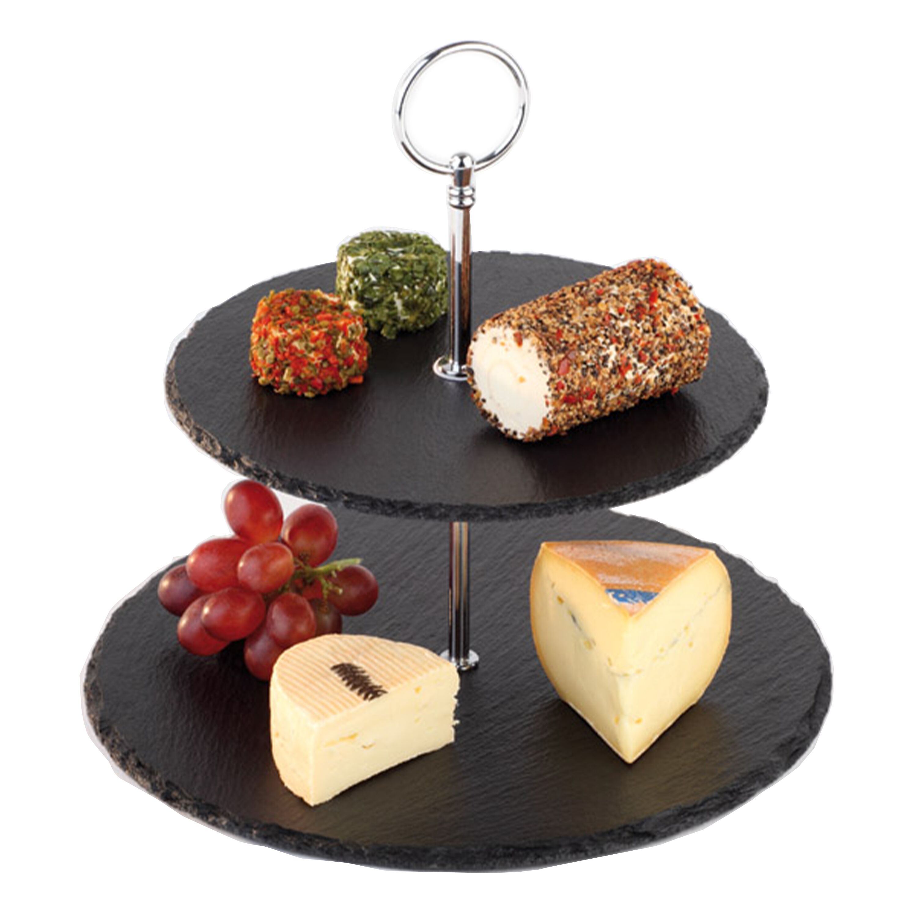Présentoir buffet - 2 niveaux - Rond - Structure en métal - Plateaux en ardoise