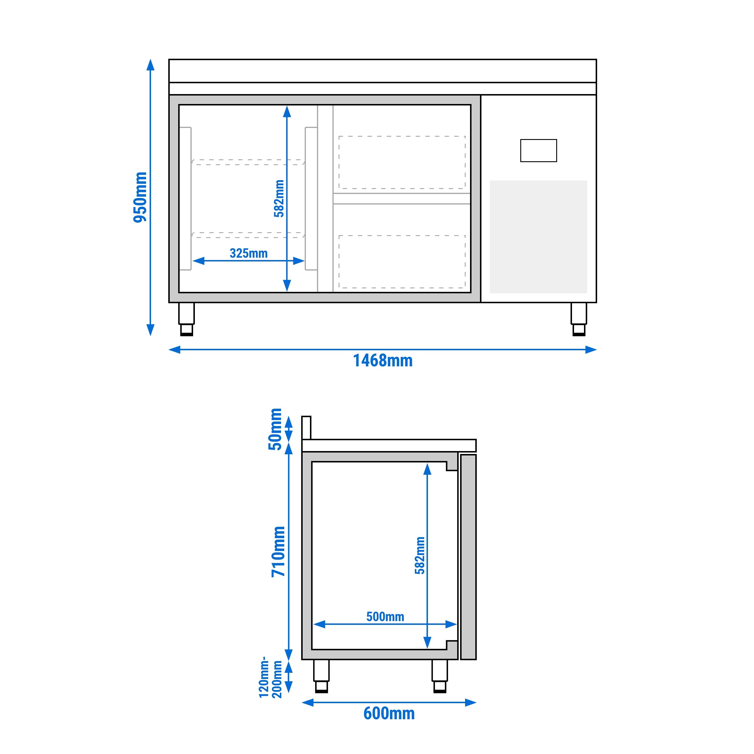 Table réfrigérée Premium PLUS - 1468 x 600 mm - avec 1 porte, 2 tiroirs - avec dosseret