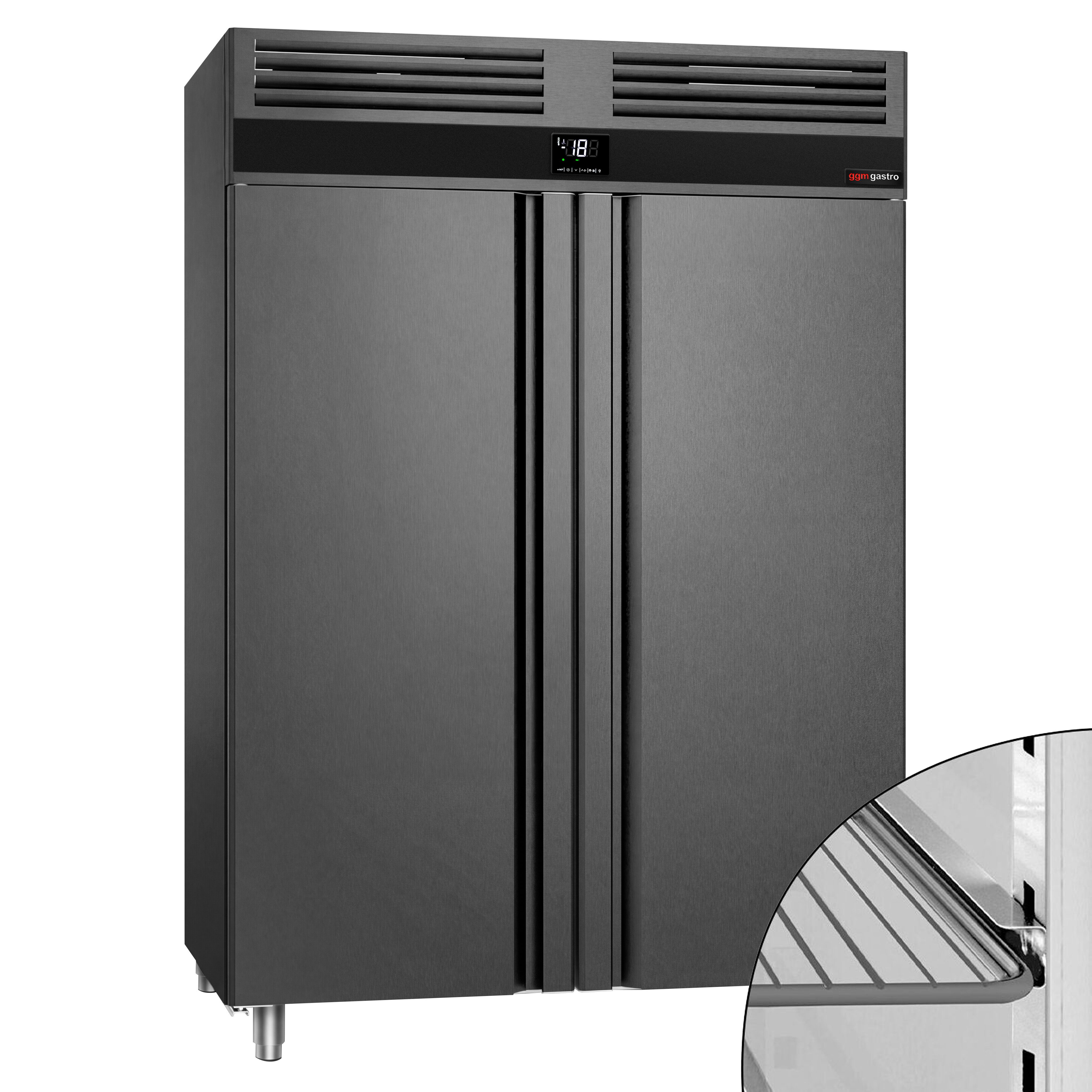 Armoire réfrigérée négative en acier inoxydable AISI 430 PREMIUM - GN 2/1 - 1400 L - avec 2 portes vitrées & Glissières & 6 grilles - Anthracite