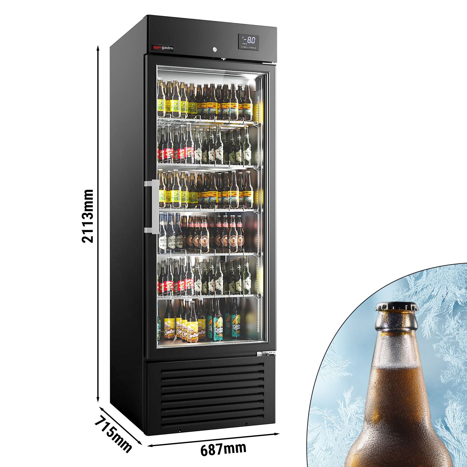 SUPERCOOLER | Commercial Beverage Display Fridge - 687mm - 500 Litres - stainless steel interior - with 1 hinged glass door - LED lighting - digital controller with temperature display - Temperature range -8 to 0 °C - Black