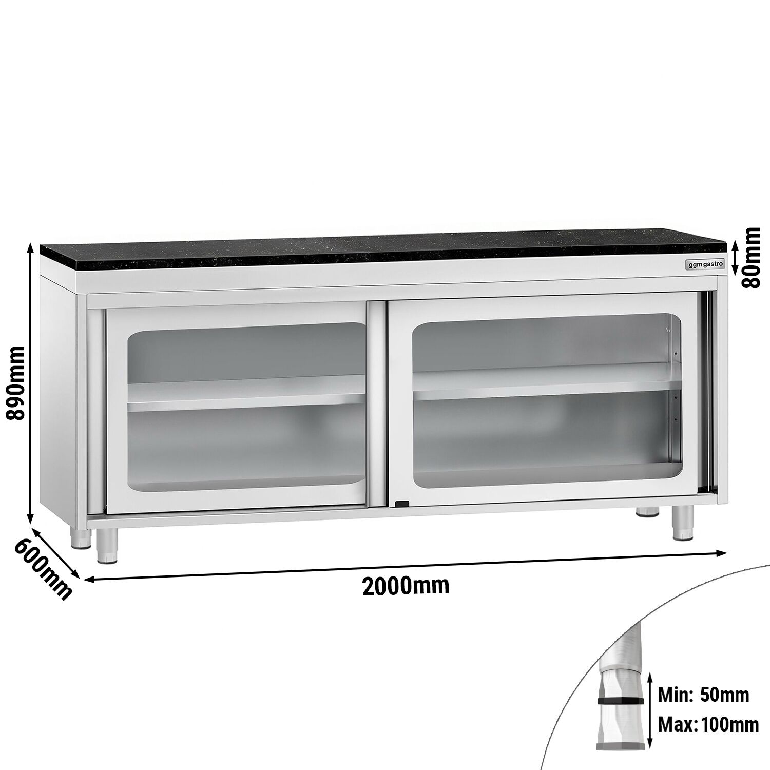 Roestvrijstalen werkkast PREMIUM - 2000 x 600 mm - met glazen schuifdeur - incl. granieten werkblad