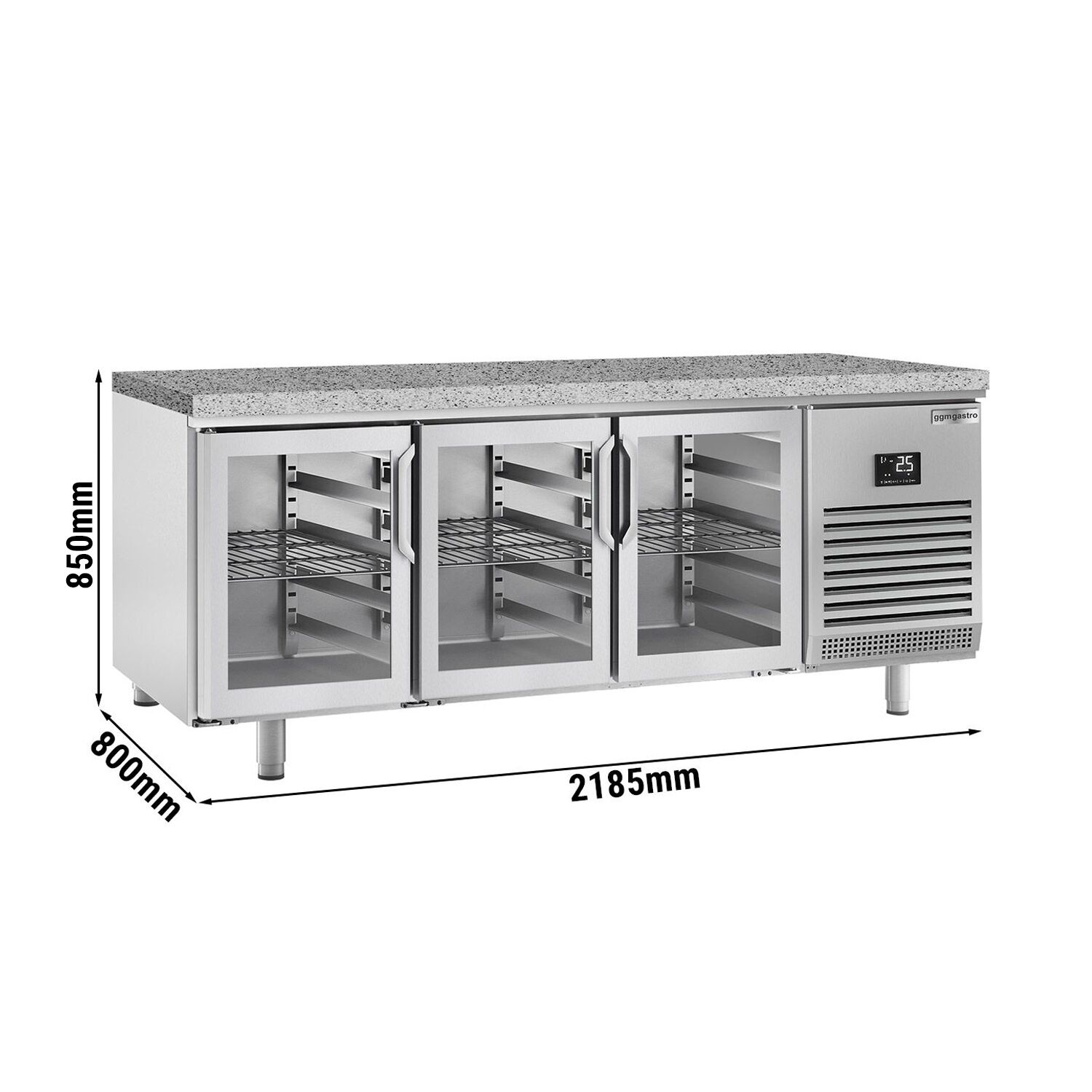 Table réfrigérée de boulangerie PREMIUM PLUS - 2185x800 mm - 3 portes vitrées & plan de travail en granit