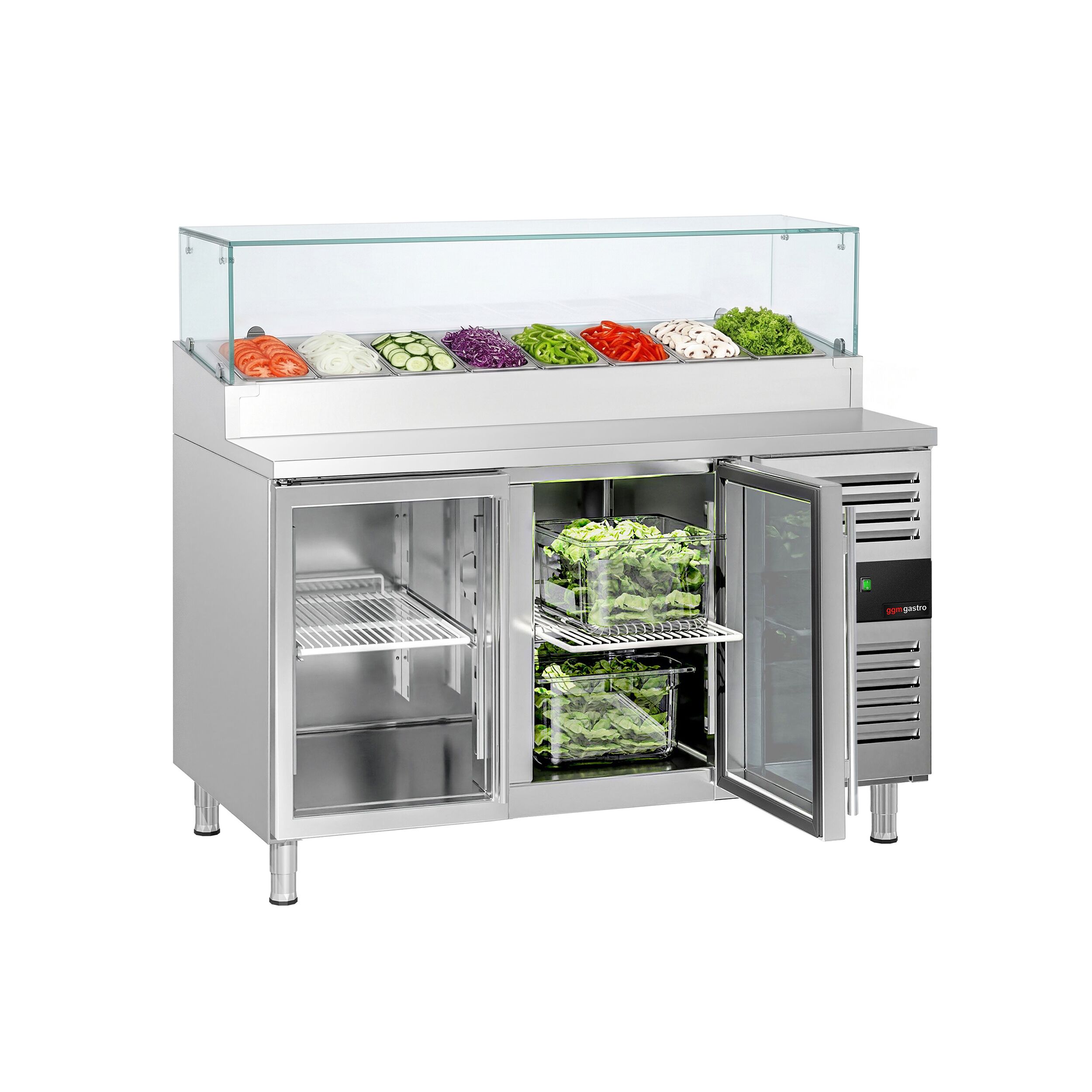 Zubereitungstisch PREMIUM - 1510mm - 2 Glastüren - mit Glasaufsatz - für 8x GN 1/3