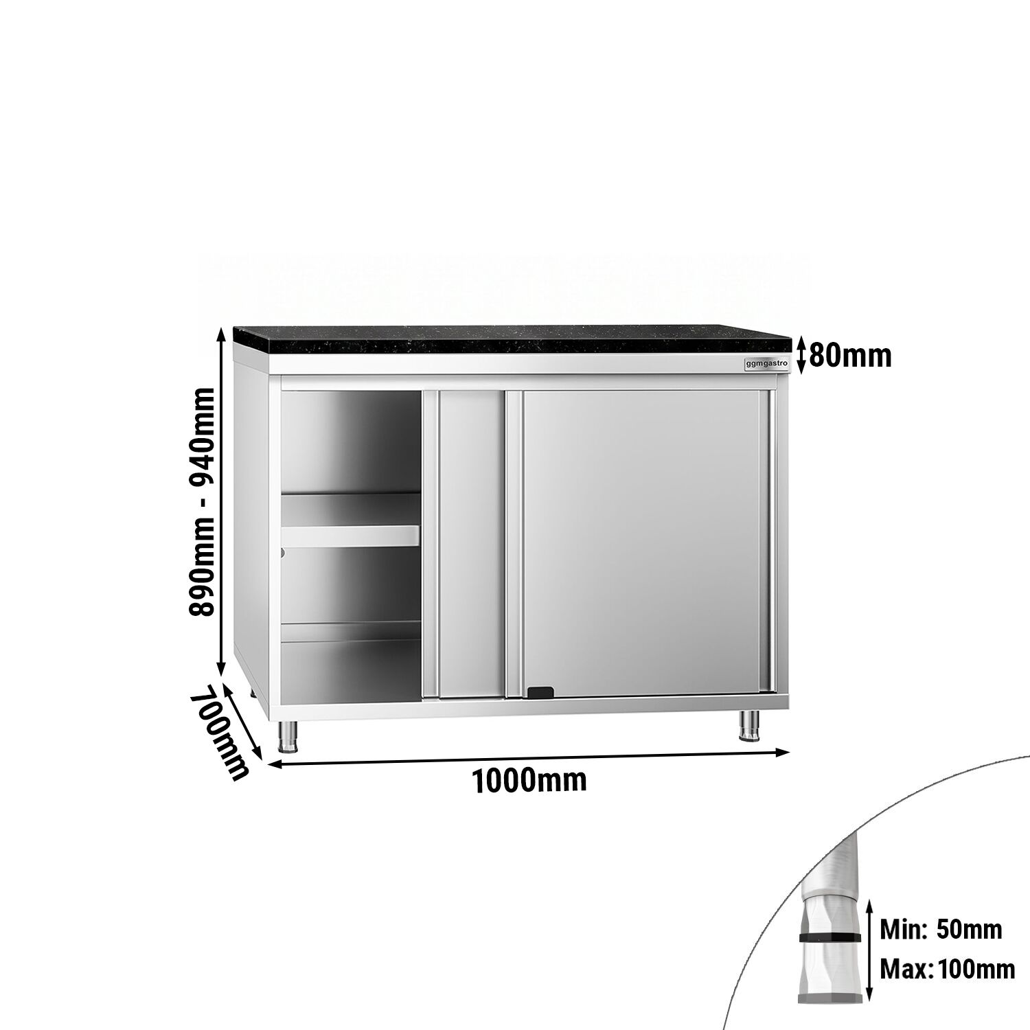 Edelstahl Arbeitsschrank PREMIUM - 1000x700mm - mit Schiebetür - inkl. Granitarbeitsplatte