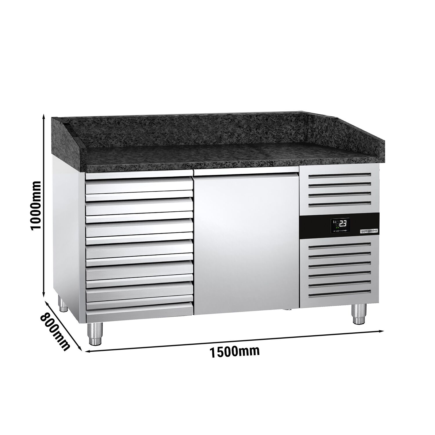 Pizzapult PREMIUM - 1500x800 mm - 1 ajtó + 7 fiók - gránit munkalappal