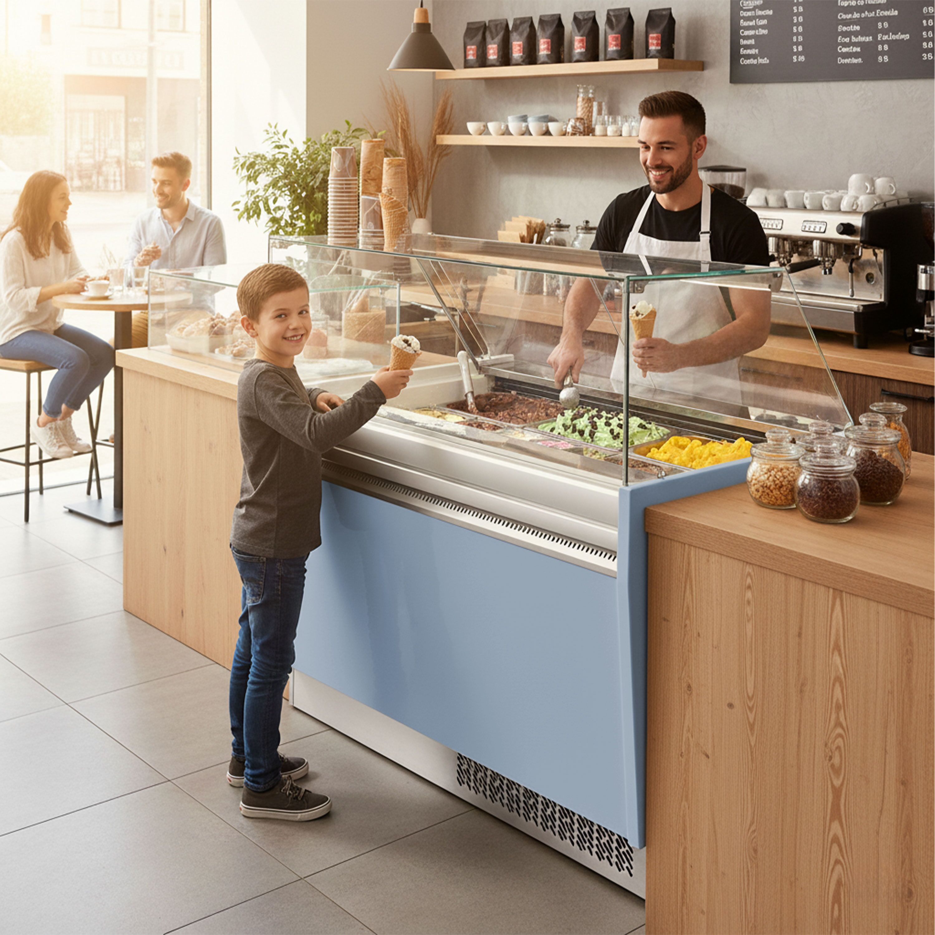 Vitrine à glace LIAM – 1310 mm – refroidissement statique – pour 10+10 bacs à glace de 5 litres – Bleu clair