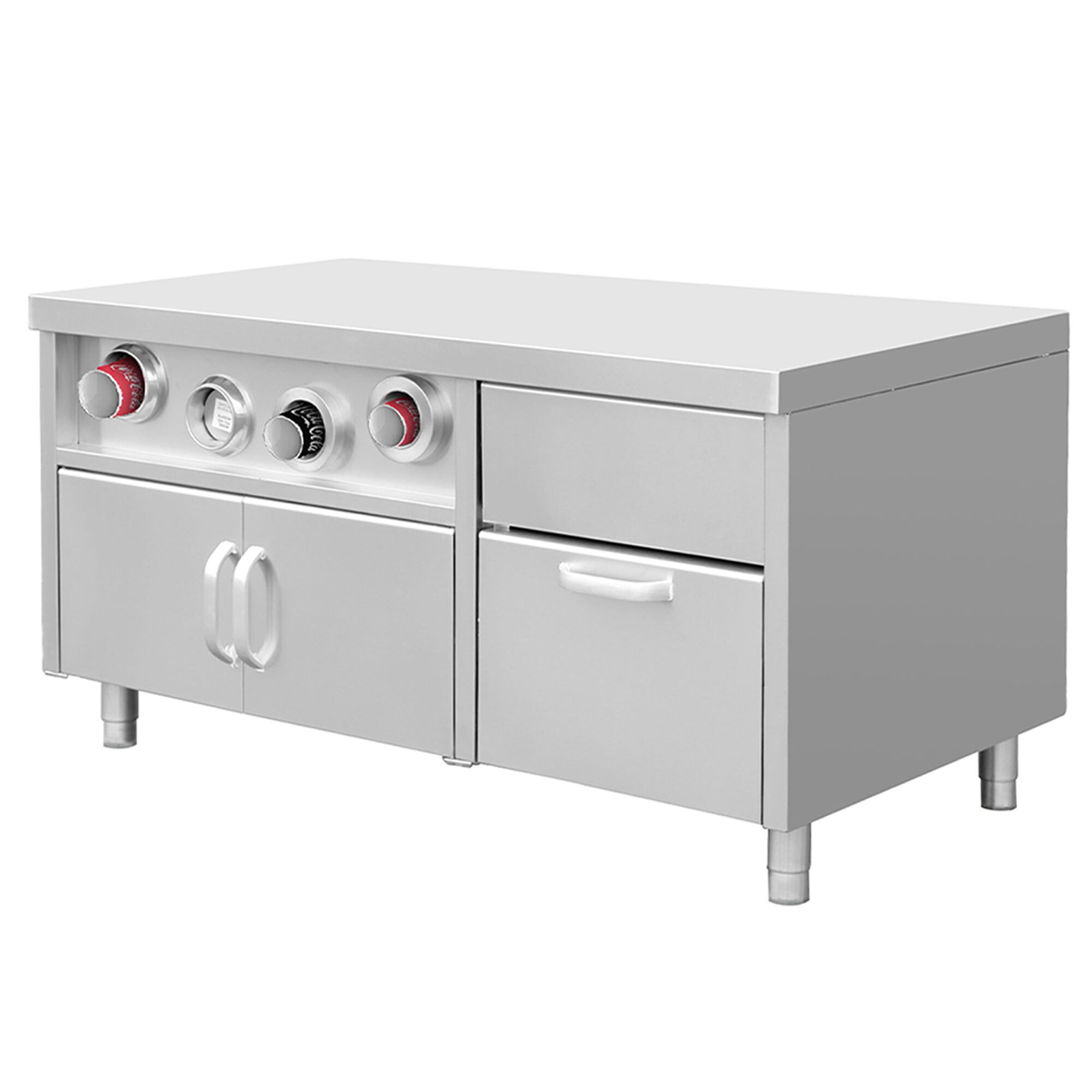 Meuble bas pour distributeur de boissons avec porte-gobelets & compartiment à glaçons - 1,5 m