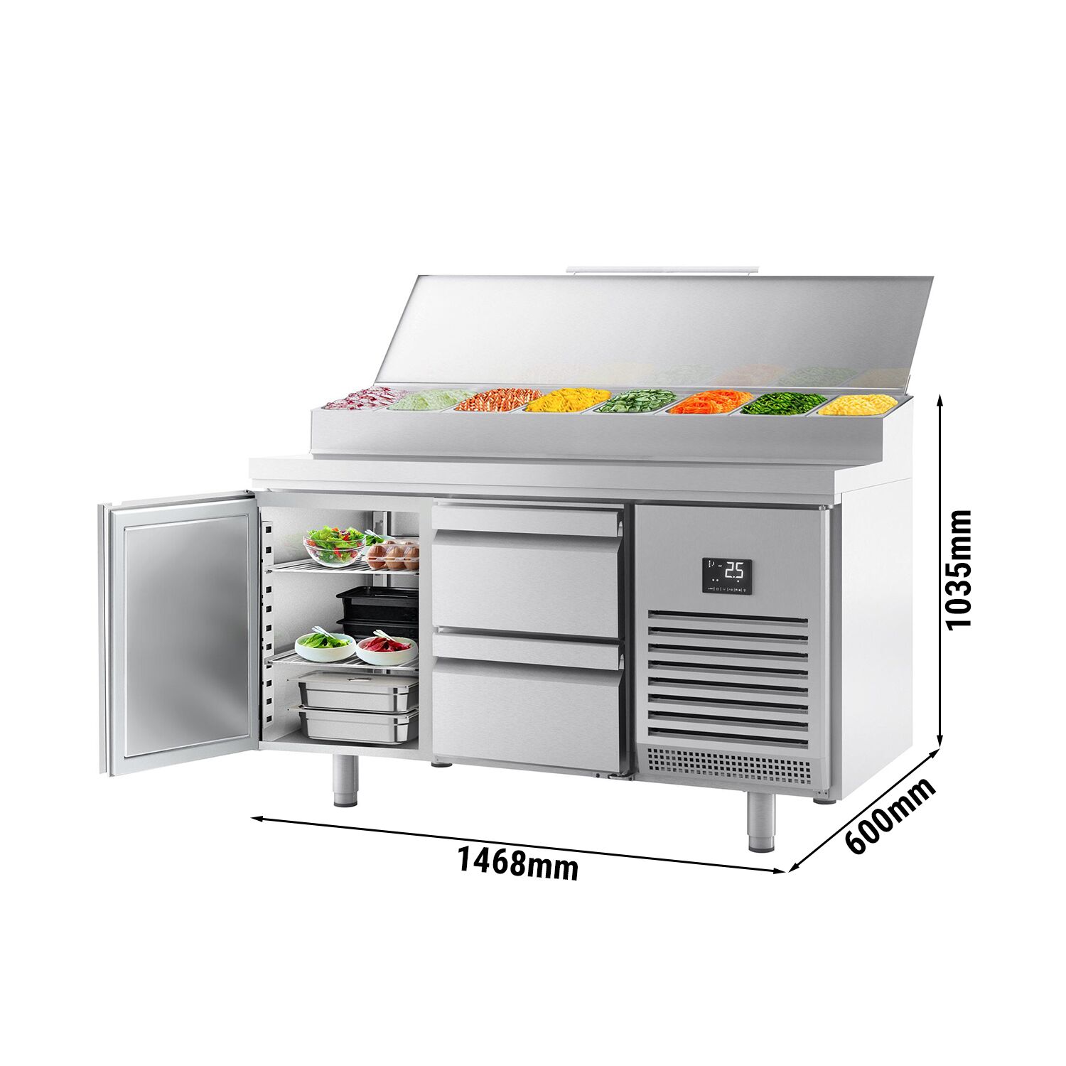 Table réfrigérée de préparation - 1468 x 600 mm - avec 1 porte et 2 tiroirs - avec superstructure en inox 8 x GN 1/4