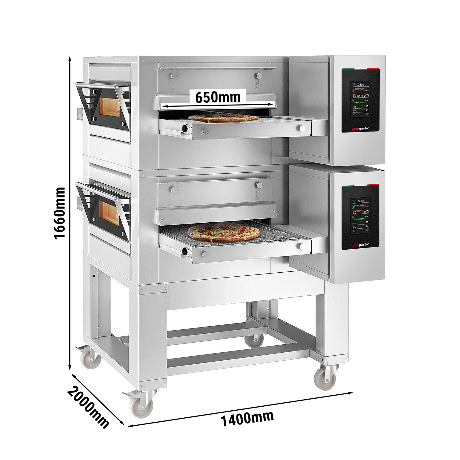 (2 pièces) Four à convoyeur électrique - 1400 x 2000 mm - écran tactile - Largeur de bande : 650 mm - avec support inclus