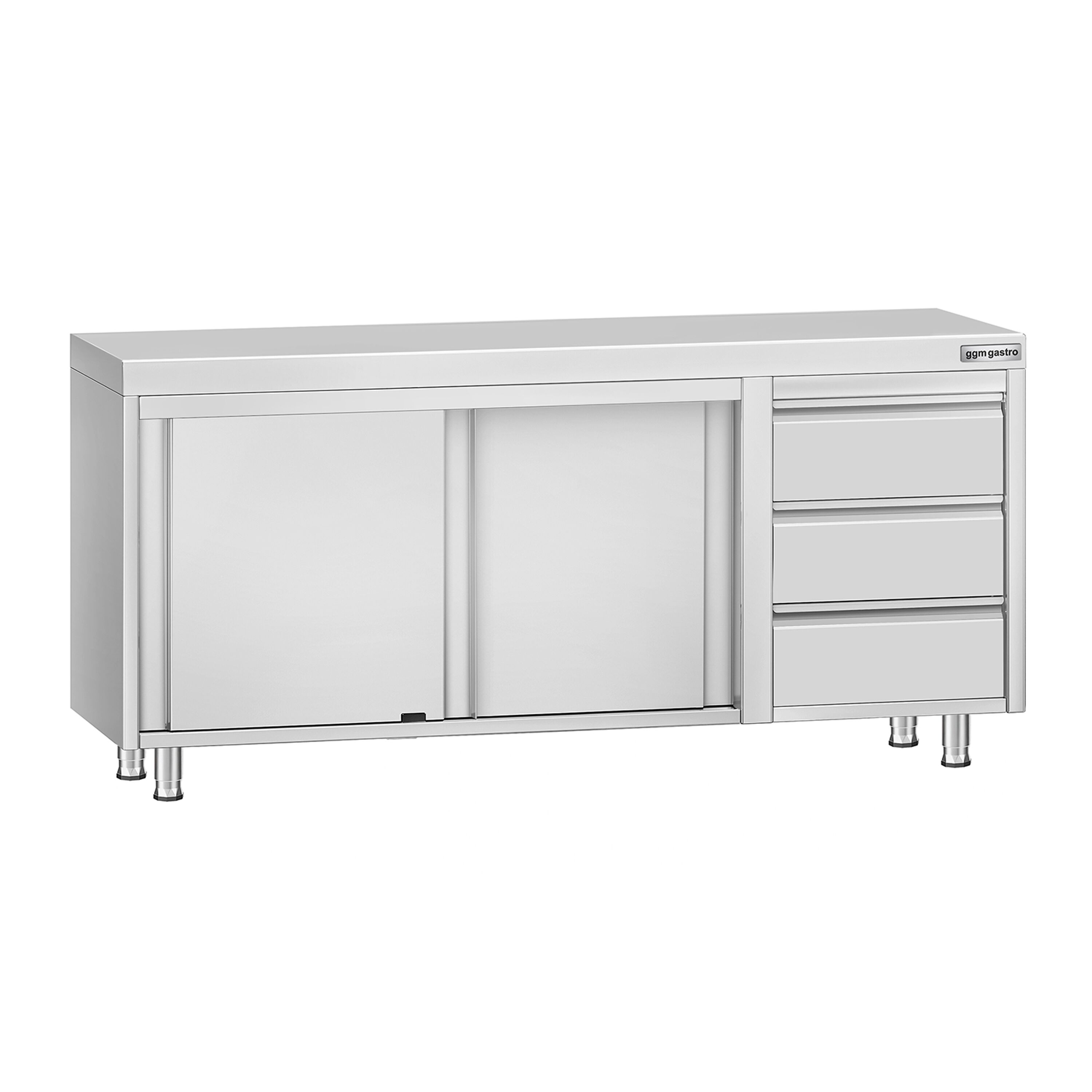 Table armoire en acier inoxydable ECO - 1800x600mm - avec portes coulissantes et 3 tiroirs à droite et étagère basse