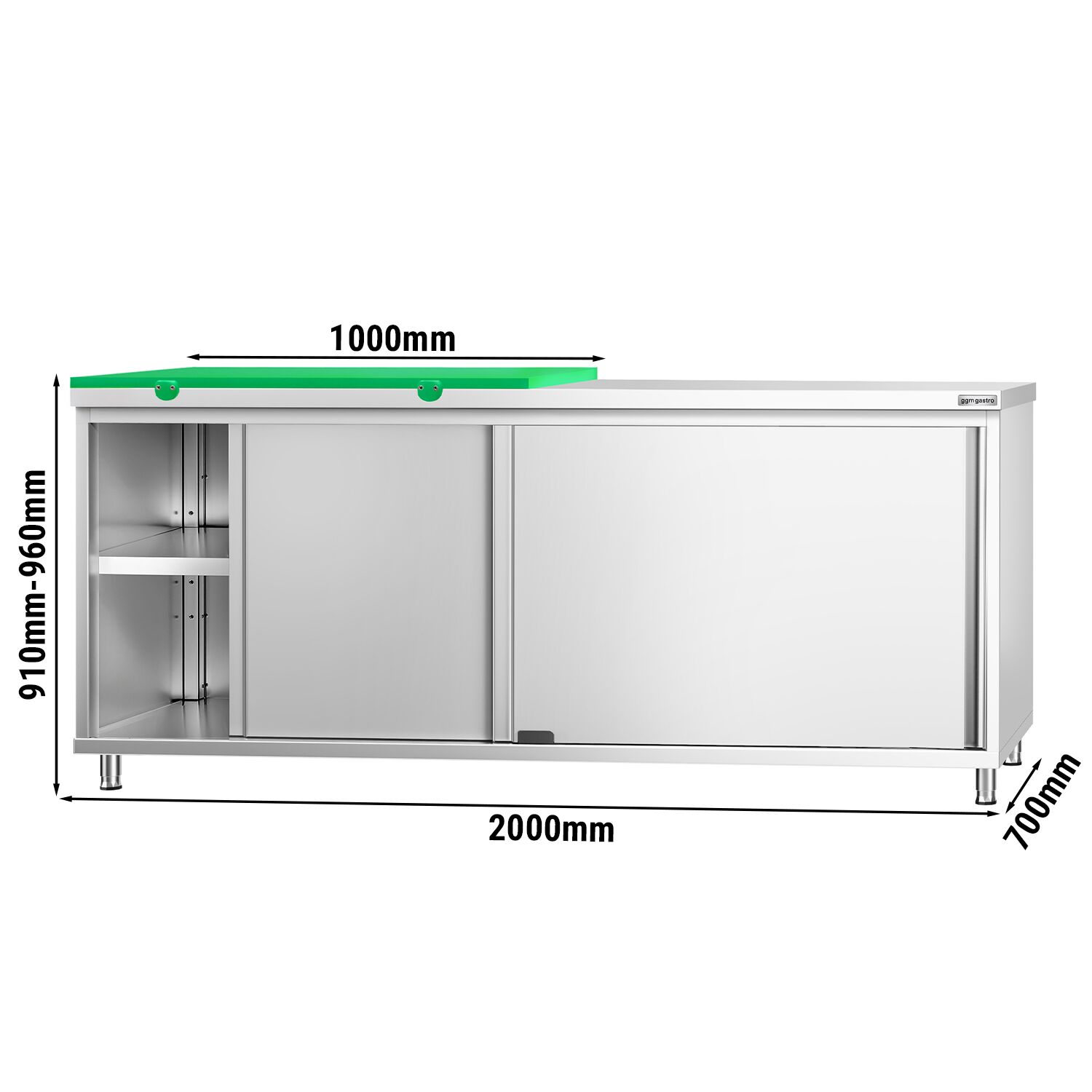 Table armoire en acier inoxydable PREMIUM - 2000x700mm - avec portes coulissantes - incl. 1/2 plateau de découpe Vert PEHD (HACCP)