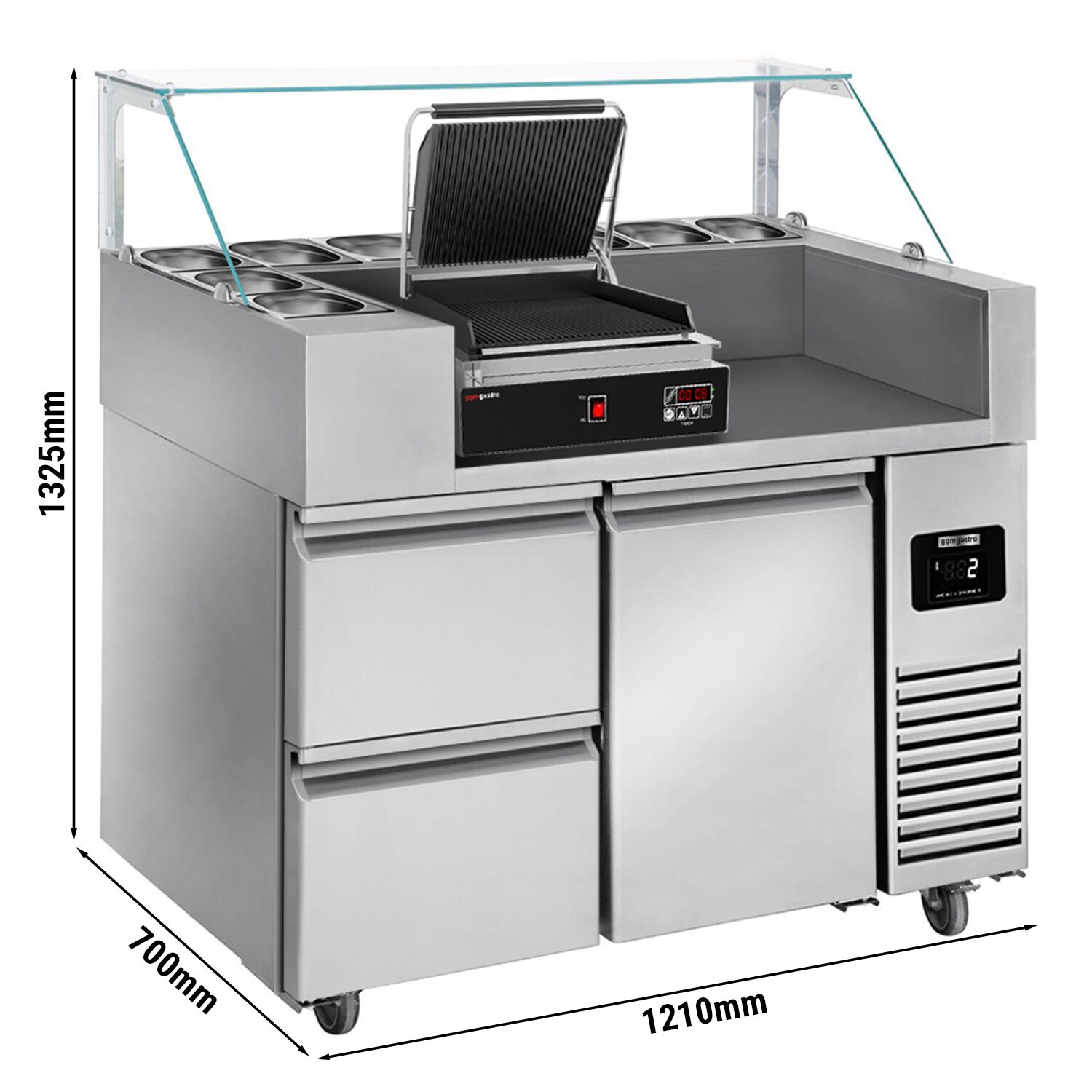 Zubereitungstisch - 1210mm - 1 Tür & 2 Schubladen - für 9x GN 1/6 - inkl. Digitalem Kontaktgrill