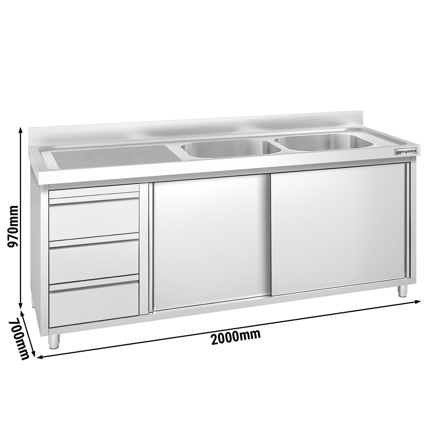 Meuble plonge PREMIUM - 2000x700mm - 2 bacs - 3 tiroirs