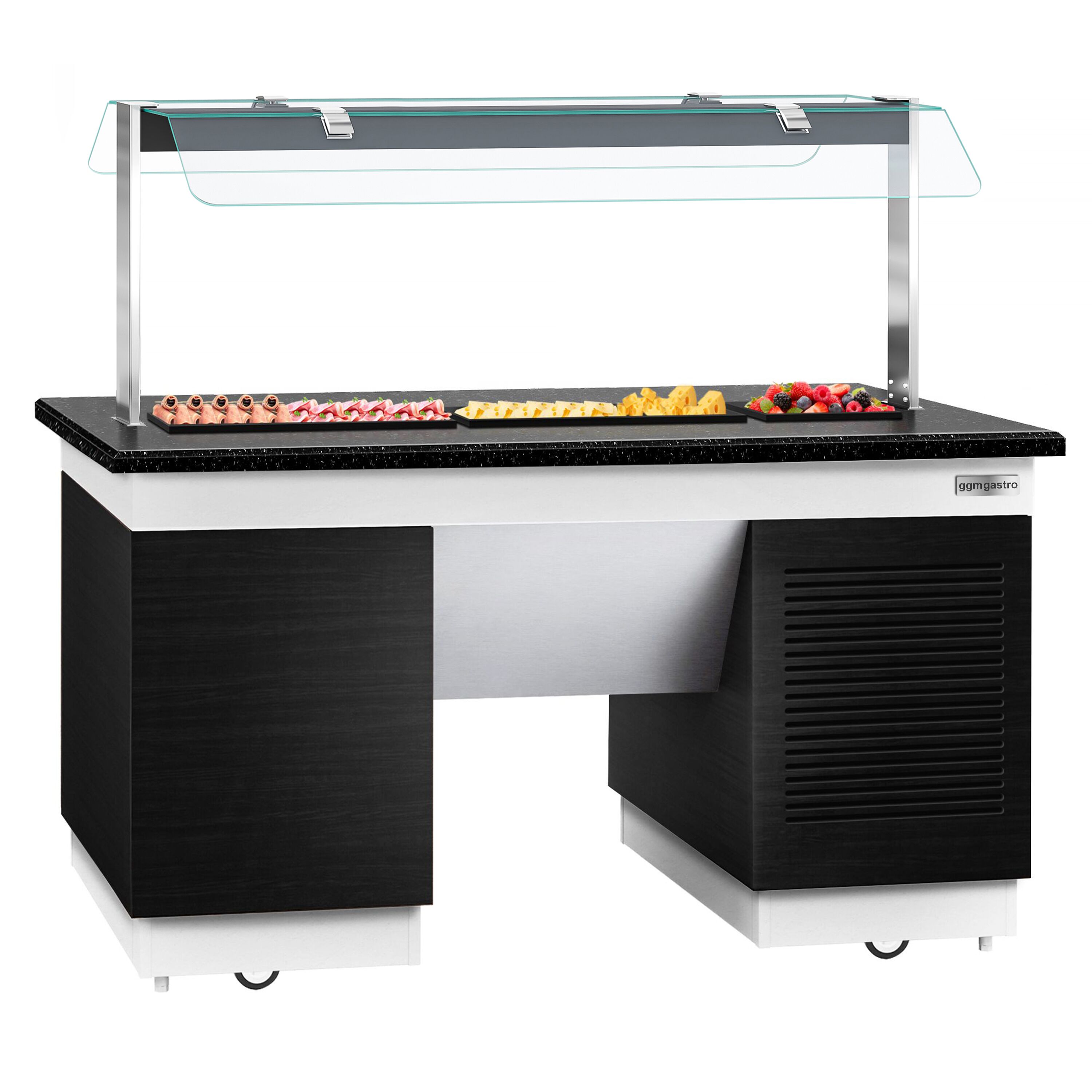 Refrigerated Buffet Display DUBLIN - 1600mm - with Refrigerated Frost Top + Flat Glass Sneeze Guard - on Castors - Black