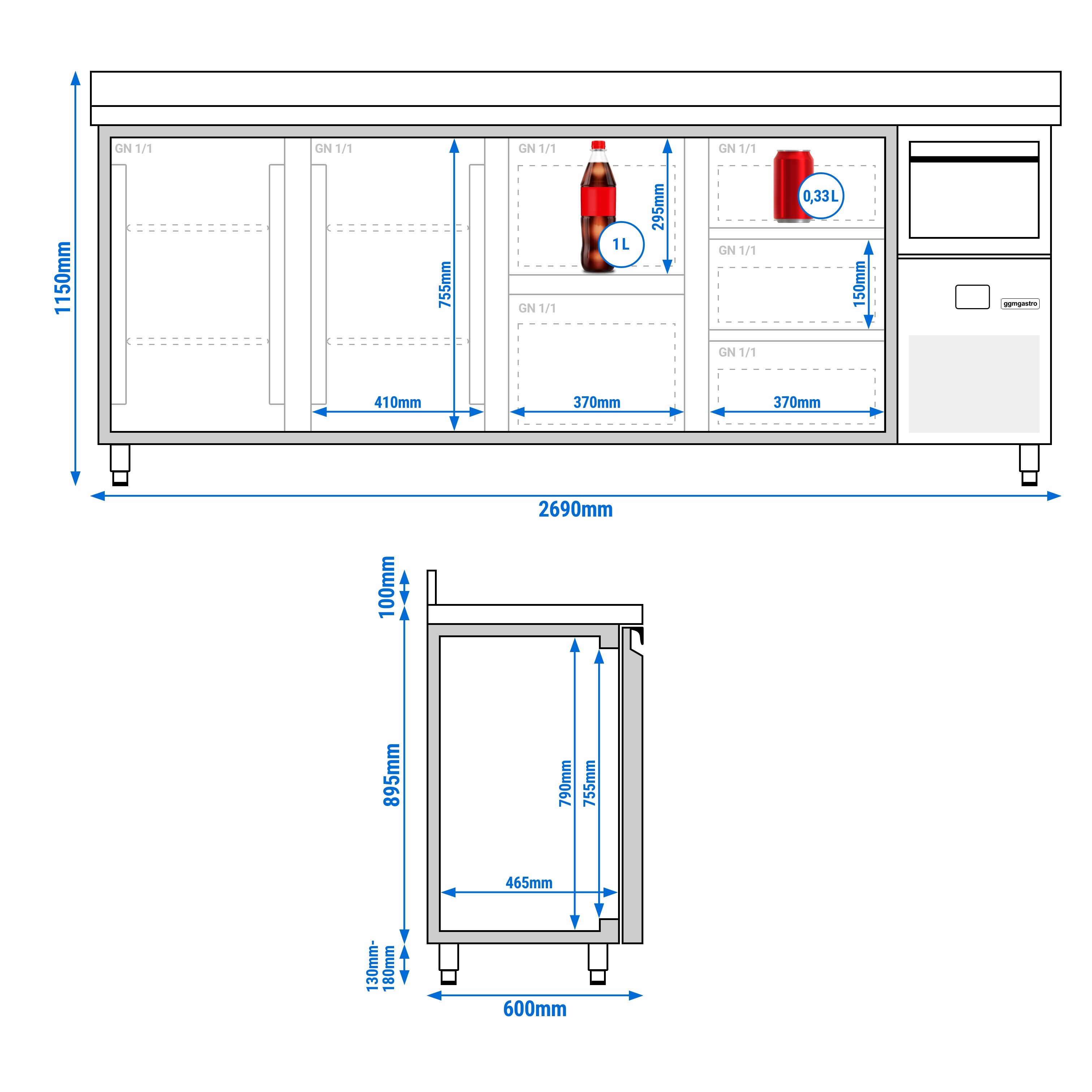 Arrière-bar réfrigéré professionnel PREMIUM - 2690 x 600 mm - avec 2 portes et 5 tiroirs - avec dosseret - avec tiroir à marc de café