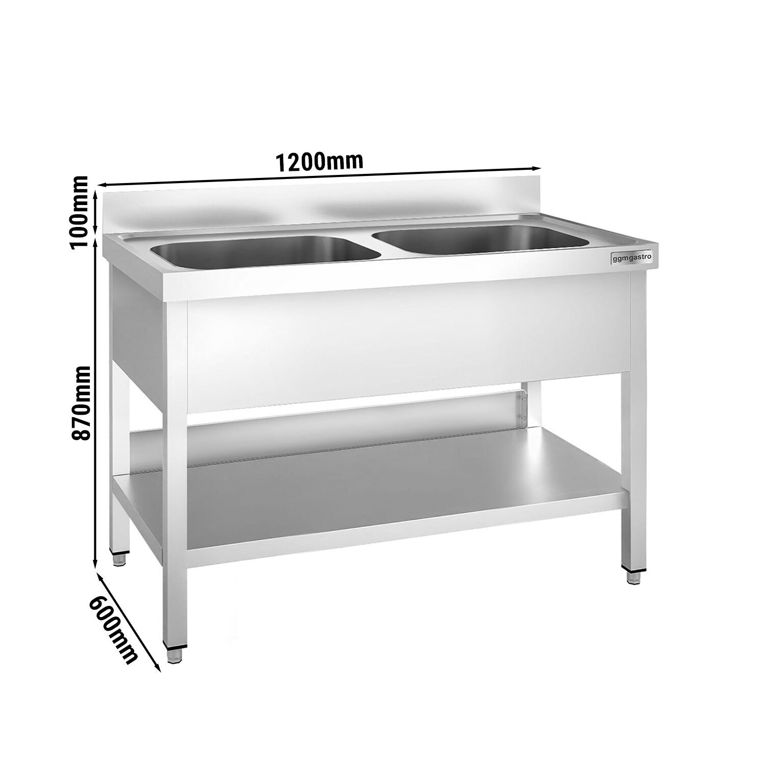 Plonge en inox PREMIUM - 1200x600mm - avec étagère basse - 2 bacs au centre