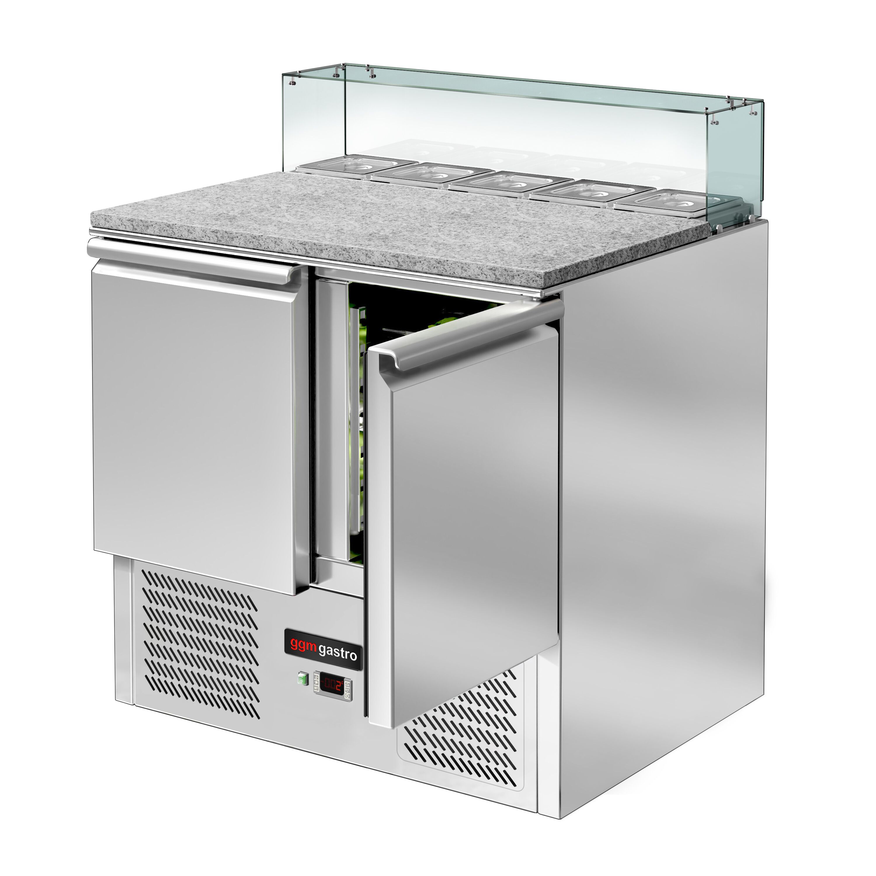 Saladette réfrigérée ECO - 900mm - 240L - 2 portes - avec vitrine de comptoir pour 5x GN 1/6