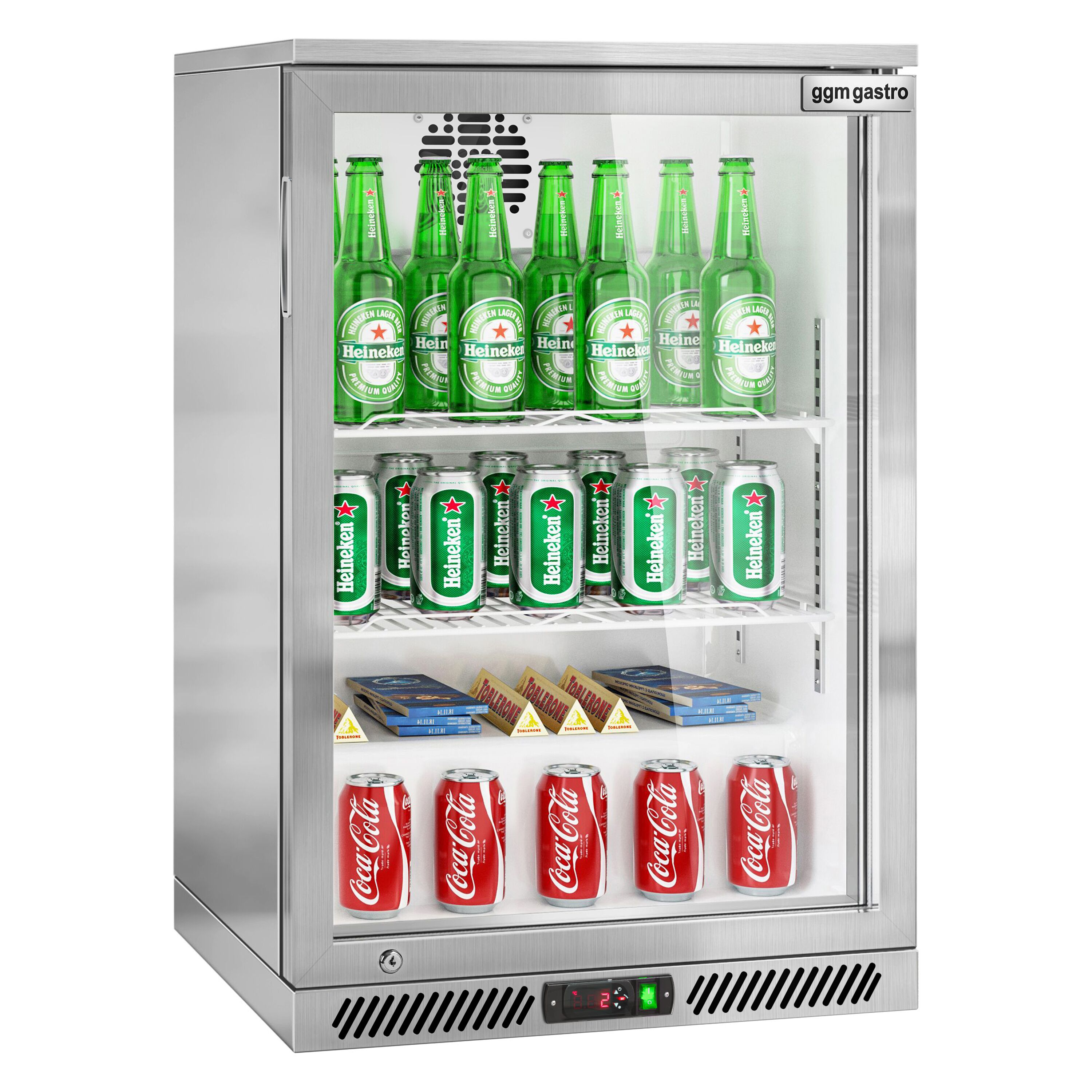 Réfrigérateur de bar – 600 mm – 130 litres – avec 1 porte vitrée battante – en inox