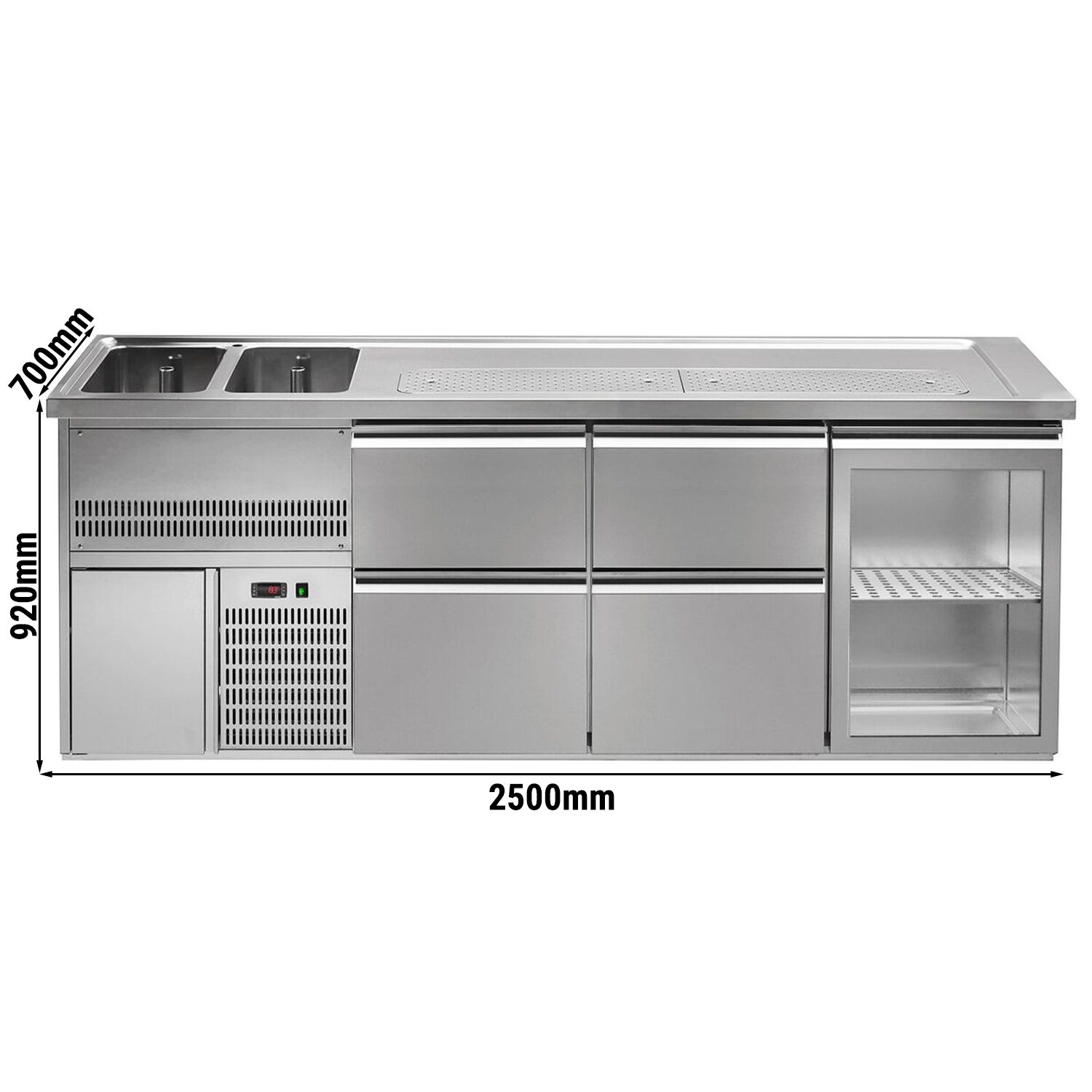 Comptoir de bar réfrigéré Premium PLUS - 2500x700mm - 1 porte vitrée & 4 tiroirs