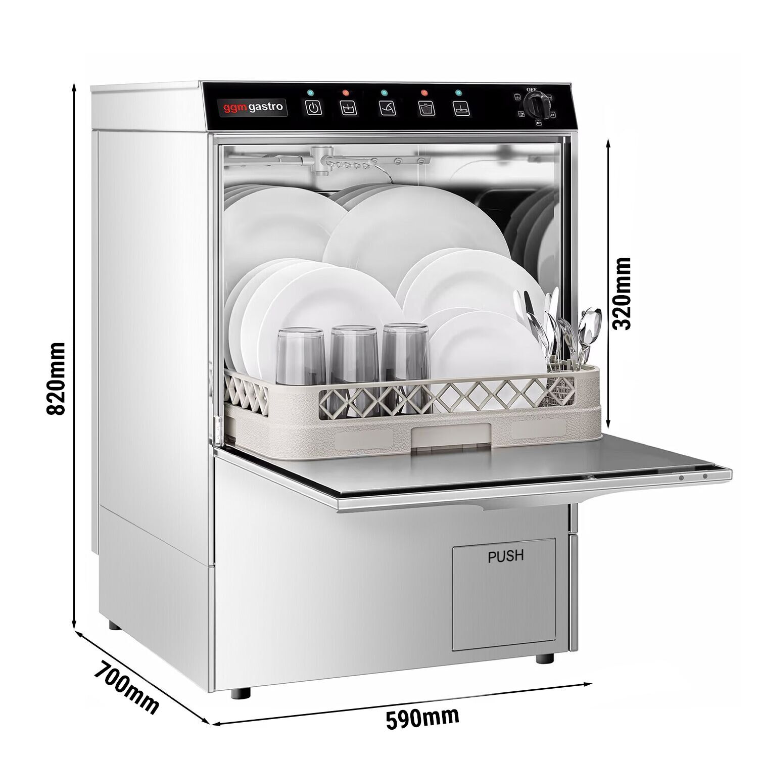 Lave-vaisselle professionnel - Panier 50x50cm - Commandes mécaniques - 3,55kW - avec pompe de vidange + pompes doseuses détergent et liquide de rinçage