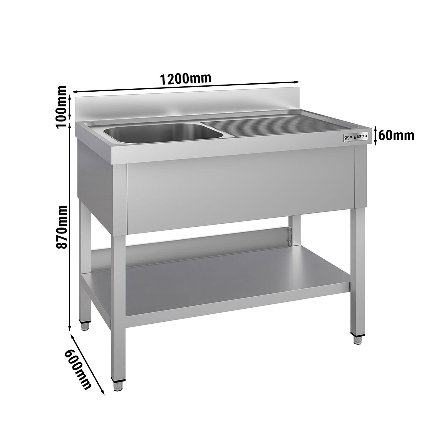 Lavello ECO - 1200x600mm - con ripiano di fondo - con 1 vasca - vasca a sinistra