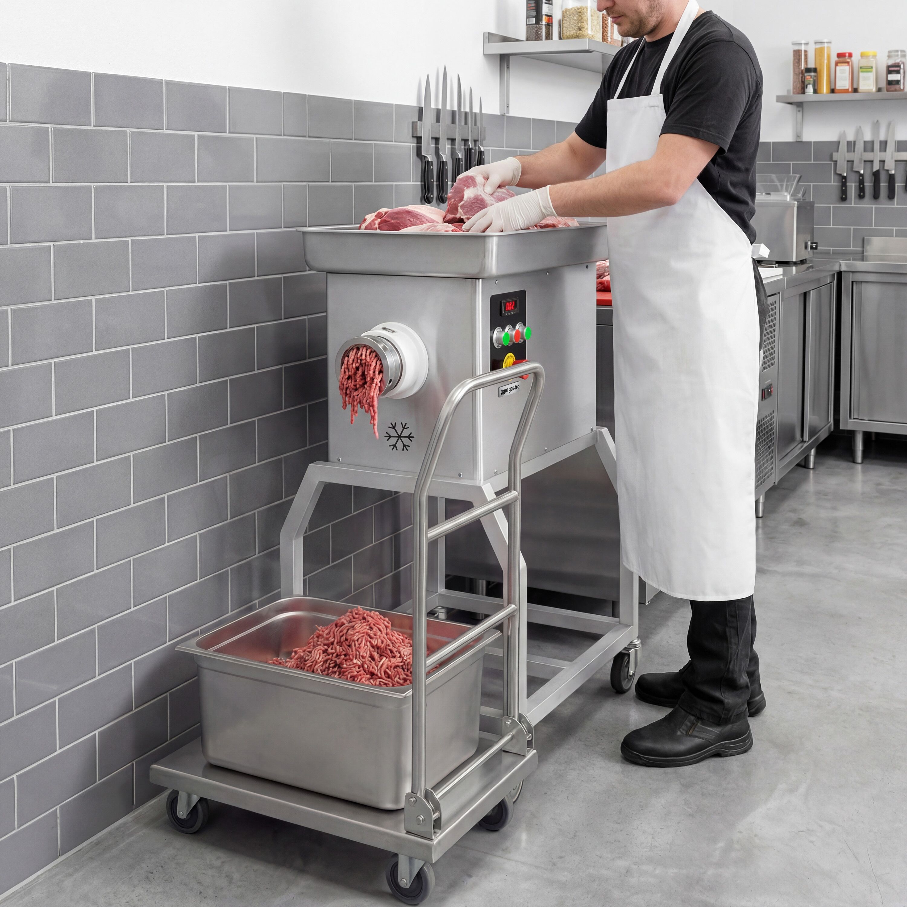 Heavy Duty Electric Meat Mincer Size 32 - 600kg/h - 3 kW - 236rpm - Mincing Plate 3.5mm - with Castors - with Cooling System