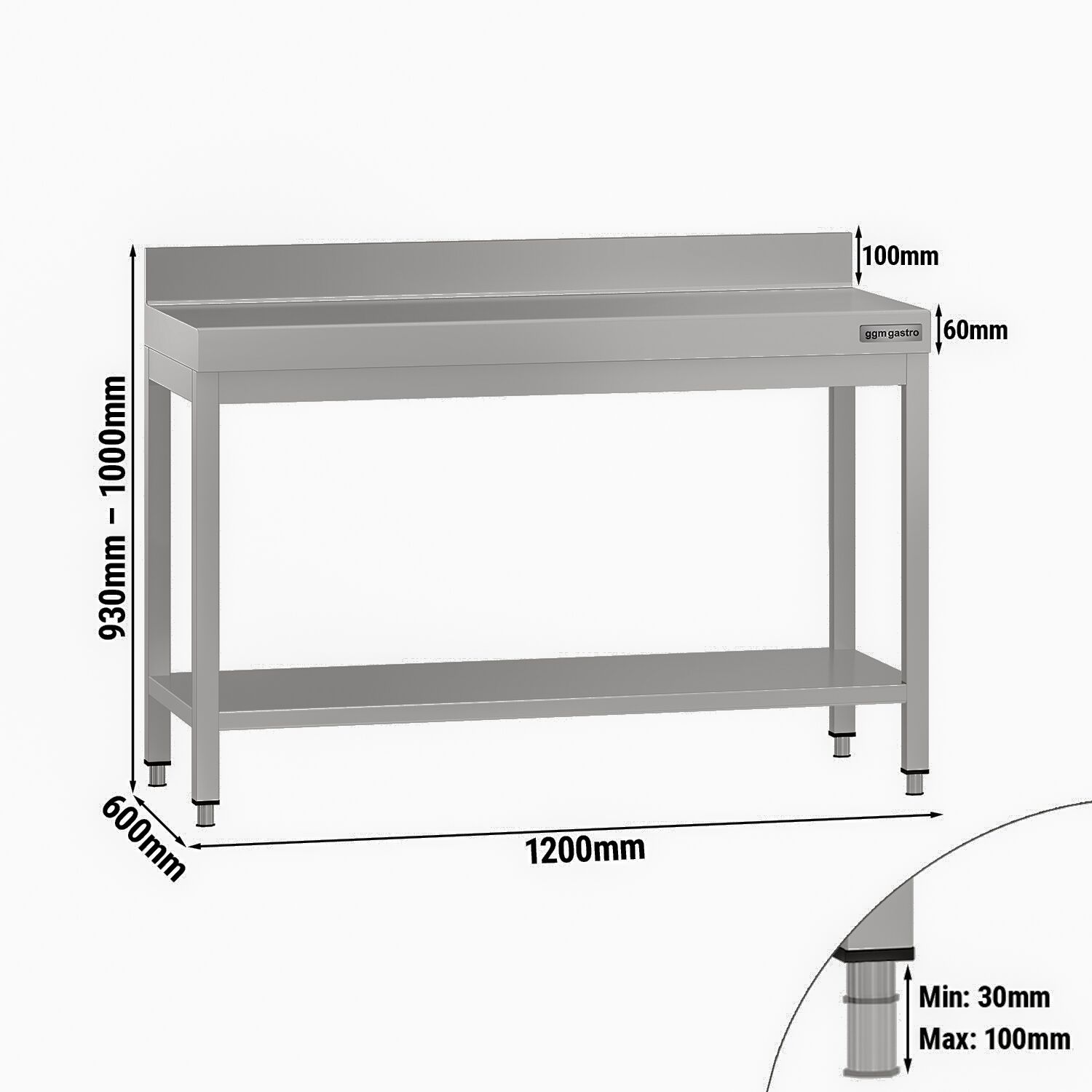 Table de travail en inox ECO – 1200 × 600 mm – avec tablette inférieure & dosseret