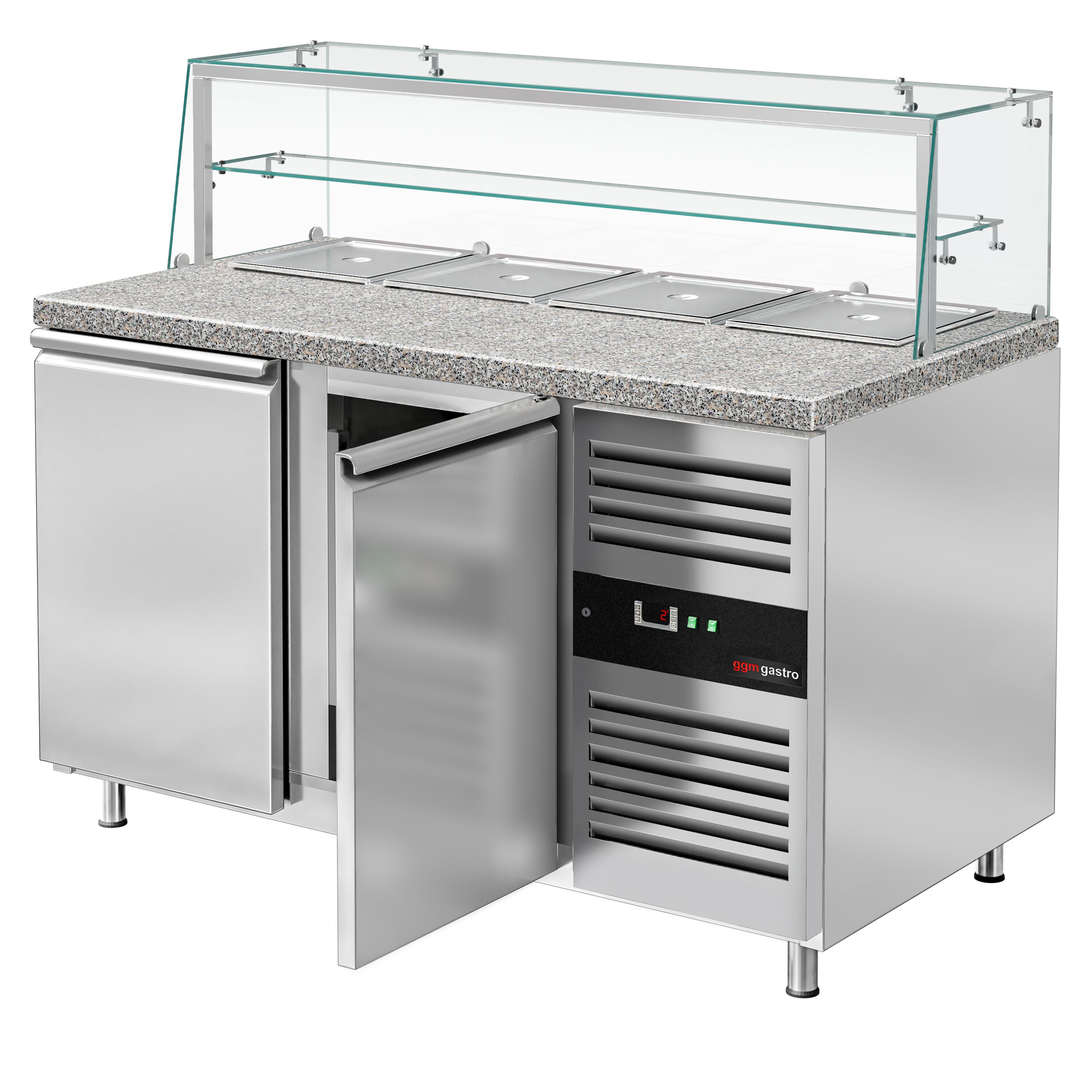 Saladette réfrigérée PREMIUM - 1515mm - 390L - 2 portes - avec vitrine de comptoir pour 4x GN 1/1 & 1 étagère - plan de travail en granit noir