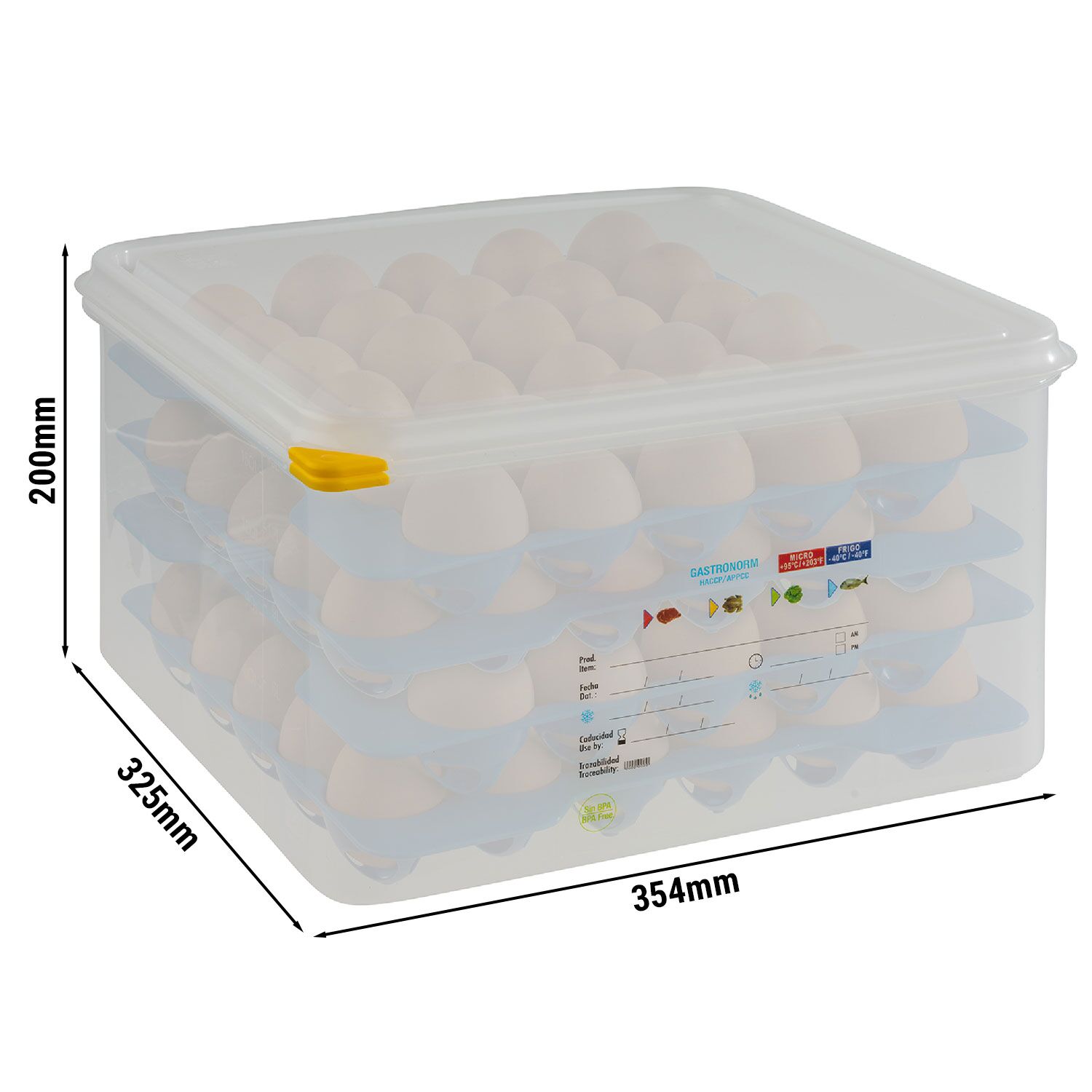 (6 pcs) Boîte à œufs GN 2/3 - avec couvercle - en polypropylène (PP) - Profondeur 200mm - incl. 4 plateaux de 30 œufs (120 œufs)