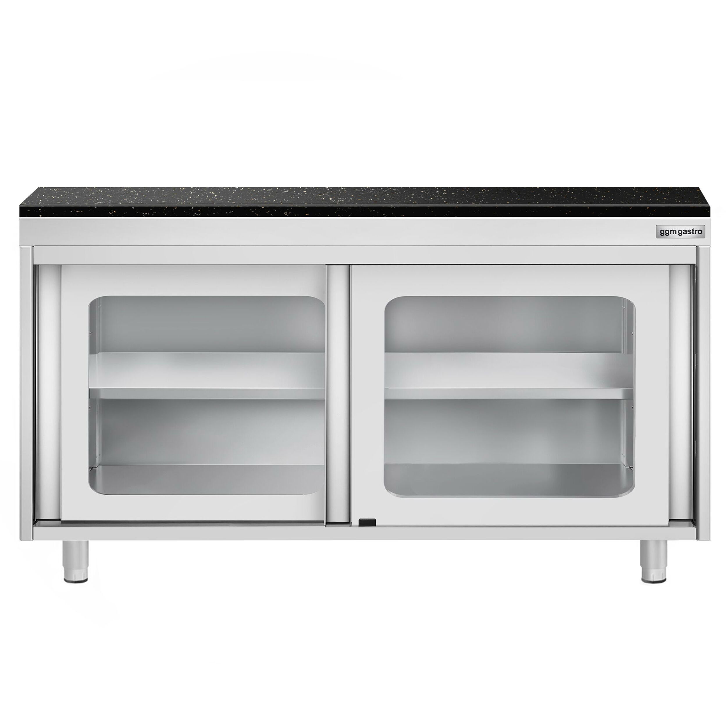 Edelstahl Arbeitsschrank PREMIUM - 1400x600mm - mit Glasschiebetür - inkl. Granitarbeitsplatte