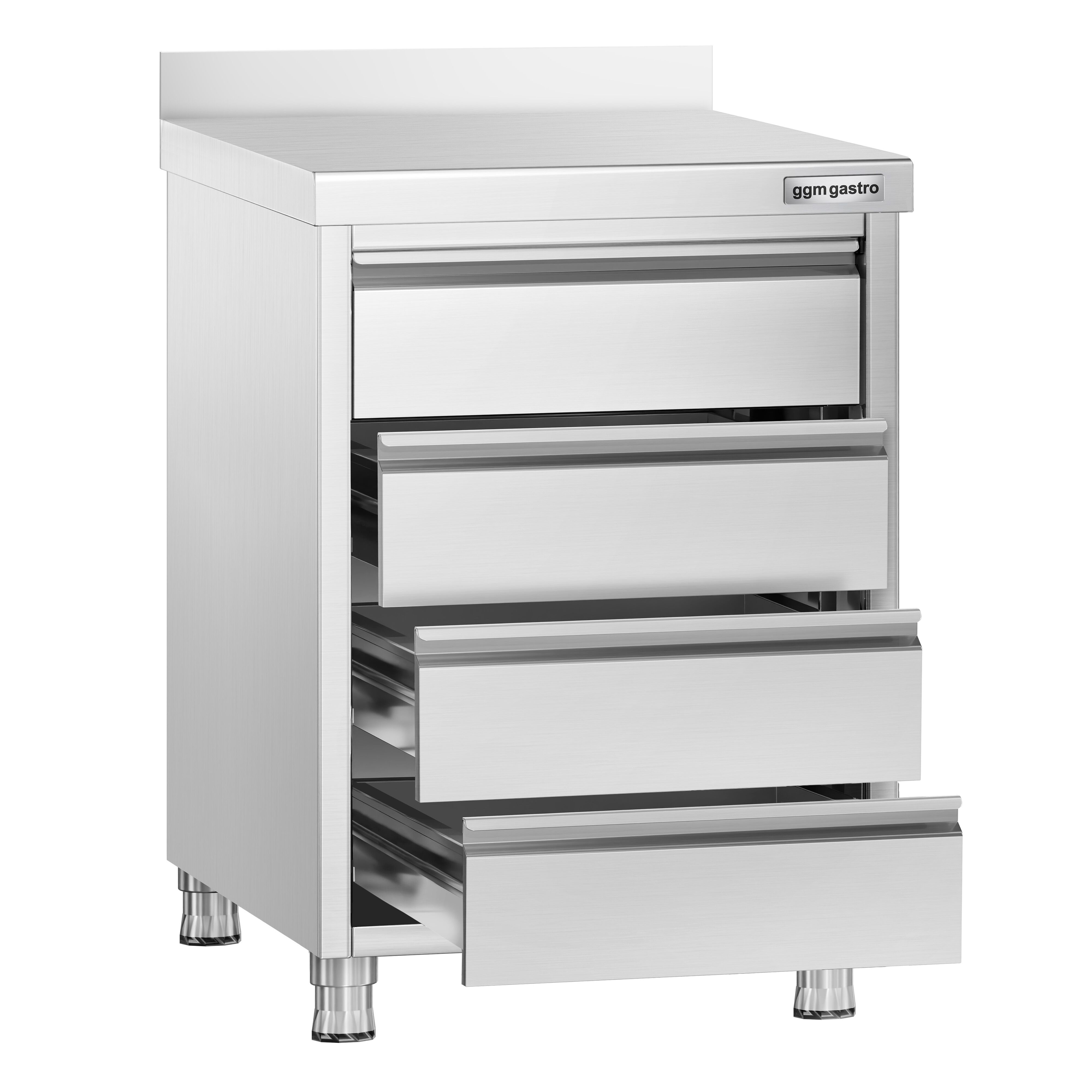 Meuble bas à tiroirs PREMIUM - Acier inoxydable - avec 4 tiroirs & dosseret 100mm - 500x700mm