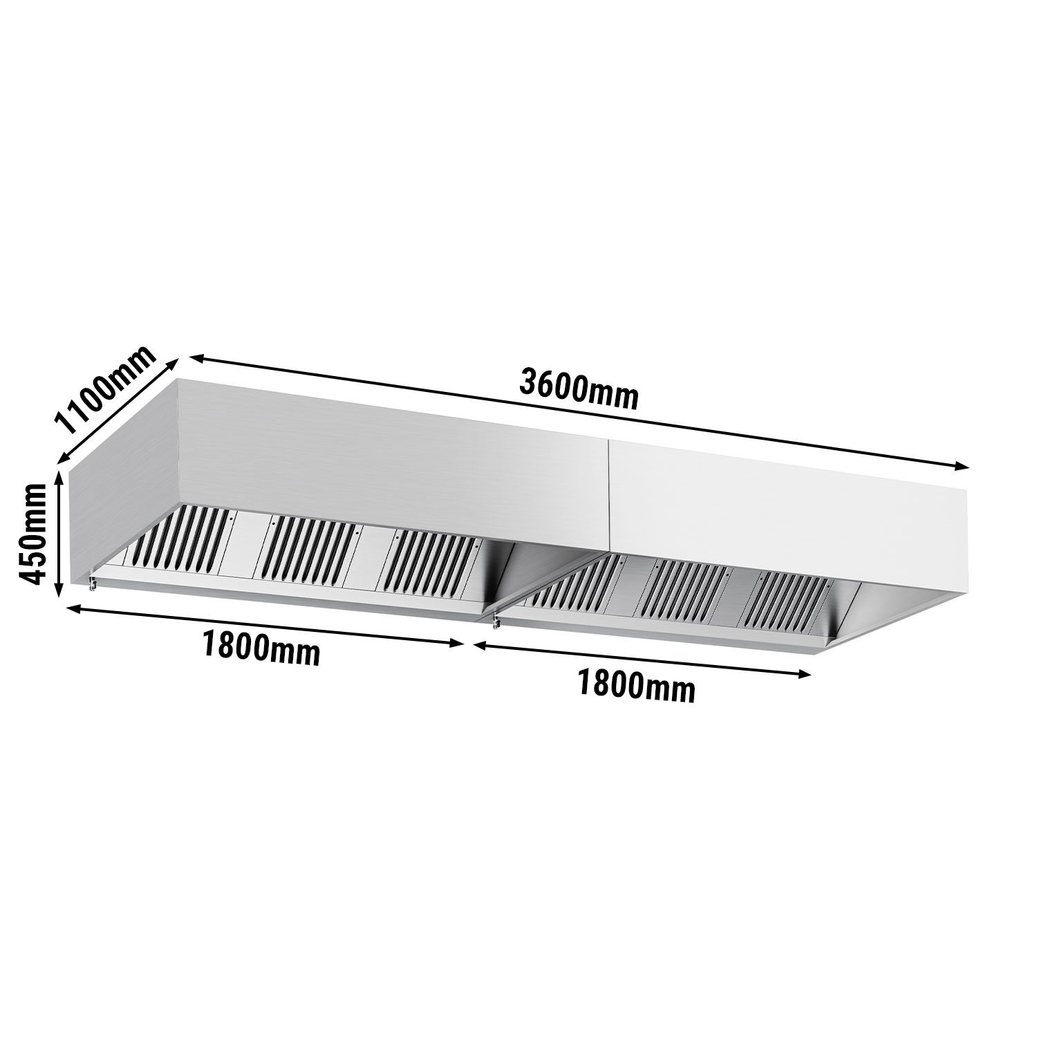 Hotte à adosser professionnelle - Profondeur 1100 - 3600mm - sans moteur - avec filtres et éclairage